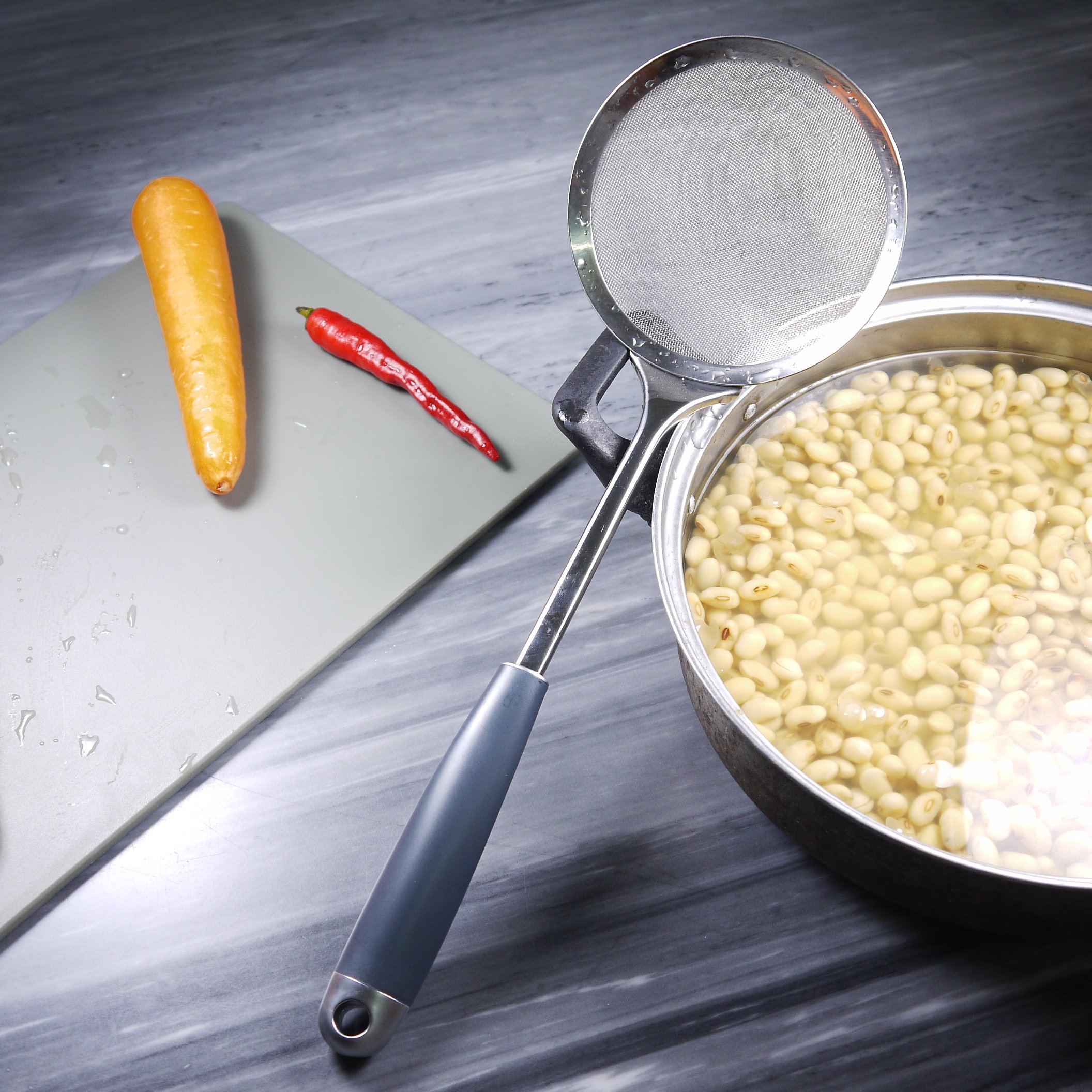 Colador de malla fina, 5 "colador de cocina acero inoxidable cocina herramientas Hot Pot espumadera, de espuma y grasa pesca cuchara con mango largo