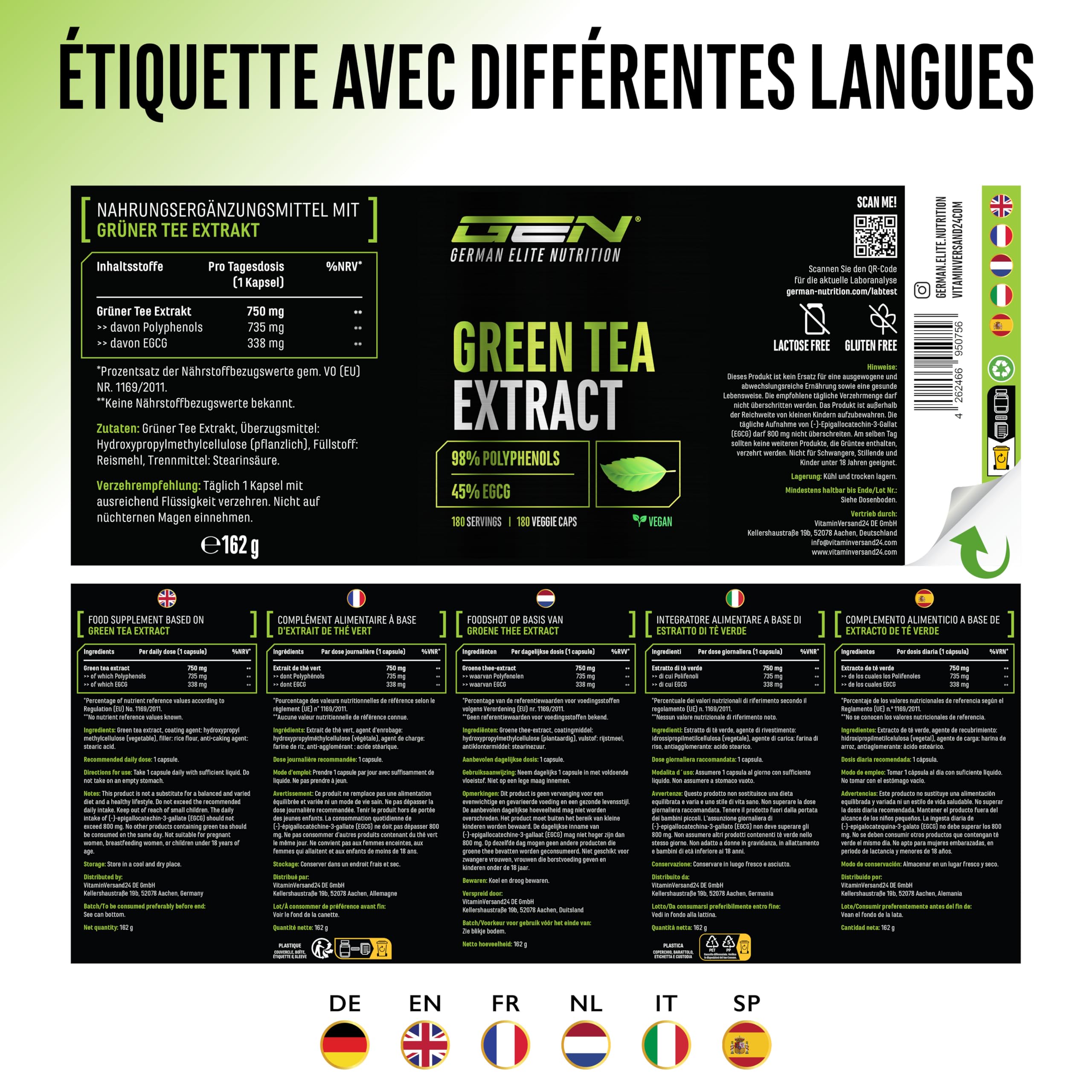 Green Tea Extract - 180 gélules - Extrait de thé vert très forte dose avec 750mg d'extrait de thé vert par gélule - 95% polyphénols & 45% EGCG - Thé vert sans additifs indésirables - Vegan