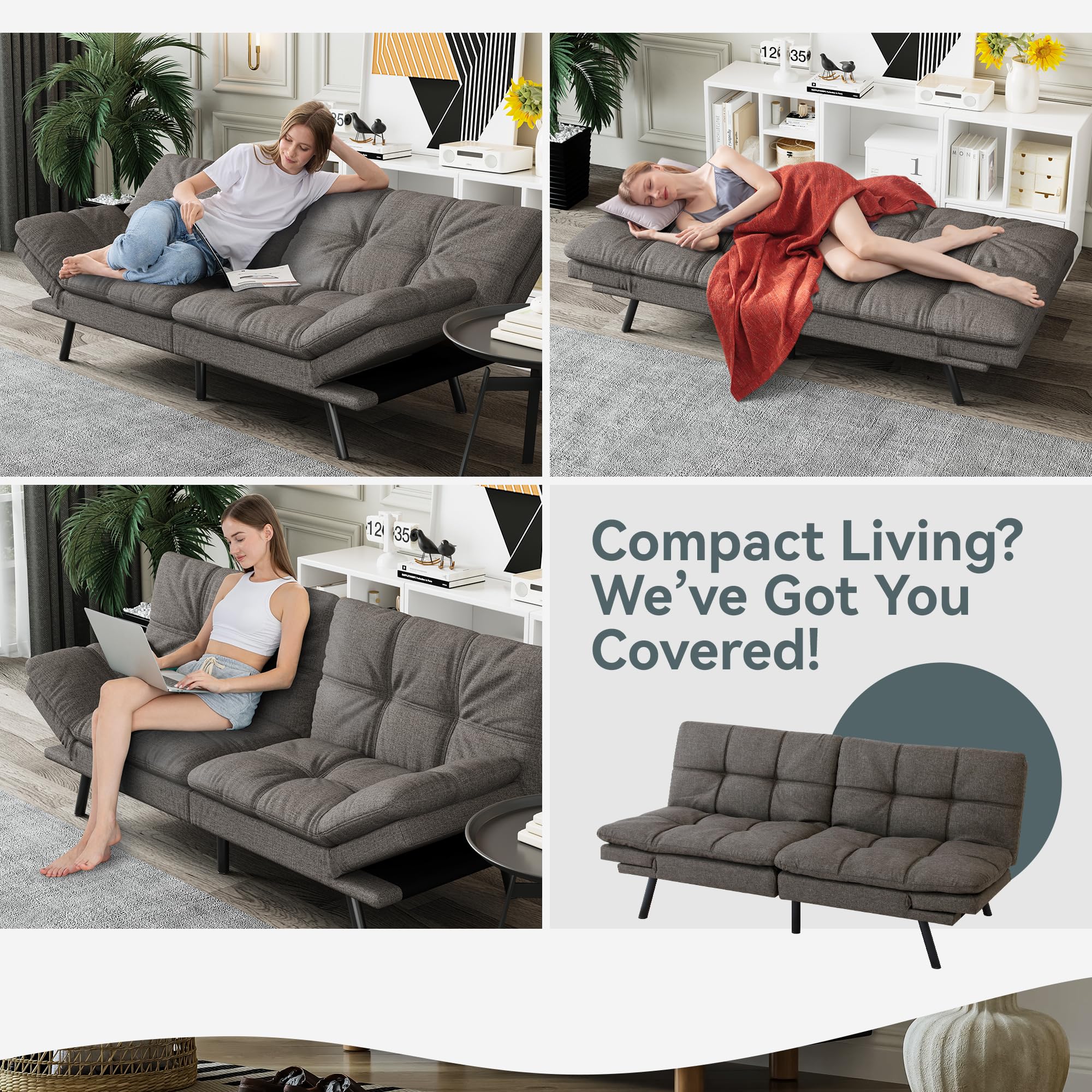Futon Sofa Bed Convertible Couch, Grey Linen Sofa Bed with Memory Foam, Adjustable Backrest & Armrests, Multifunctional Small Loveseat Sleeper Sofa for Living Room, Apartment, Office