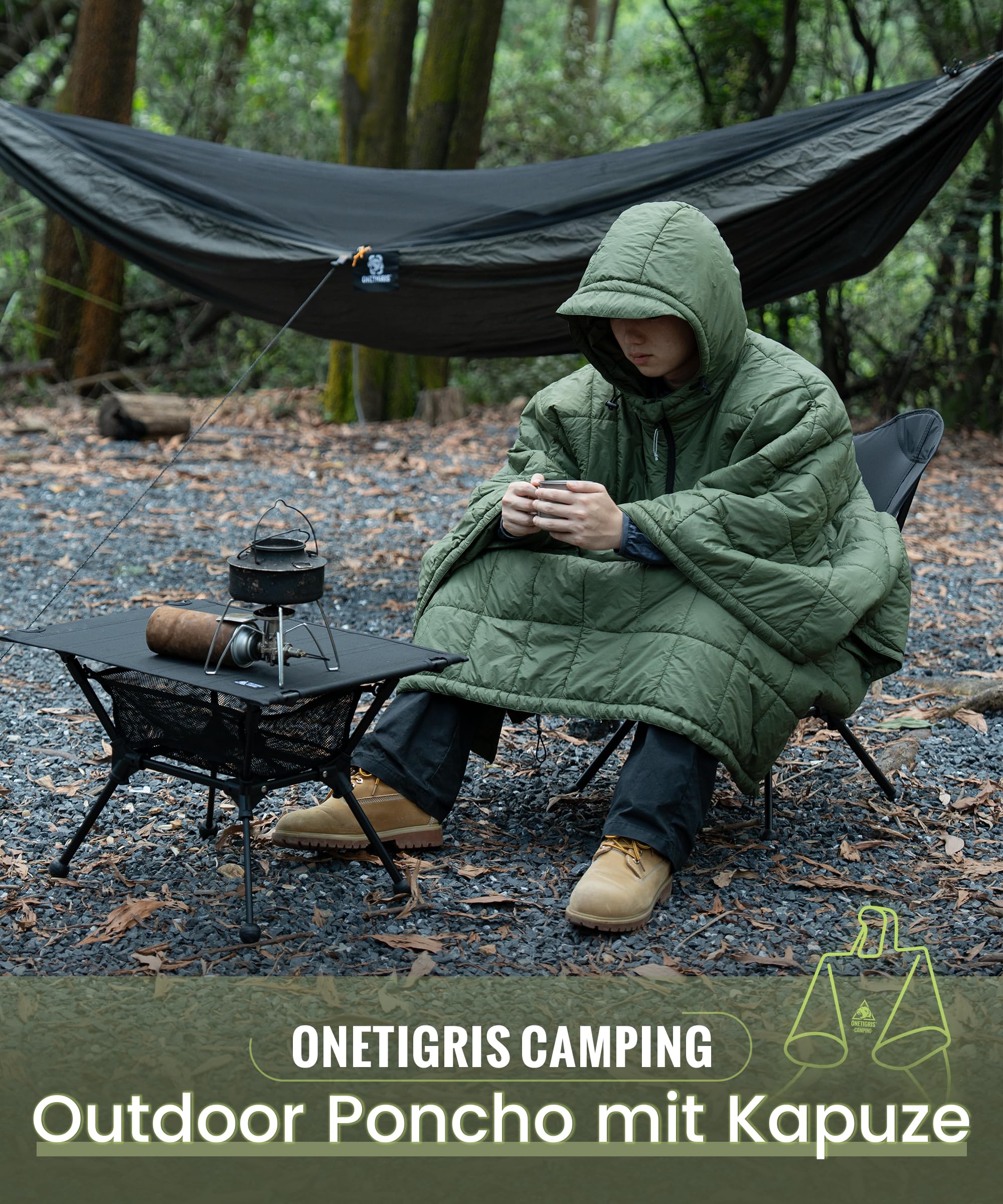 OneTigris - Poncho de camping con aislamiento Thinsulate 3M, manta impermeable cálida con bolsillos grandes, manta portátil con capucha para exteriores, senderismo, viajes, color verde