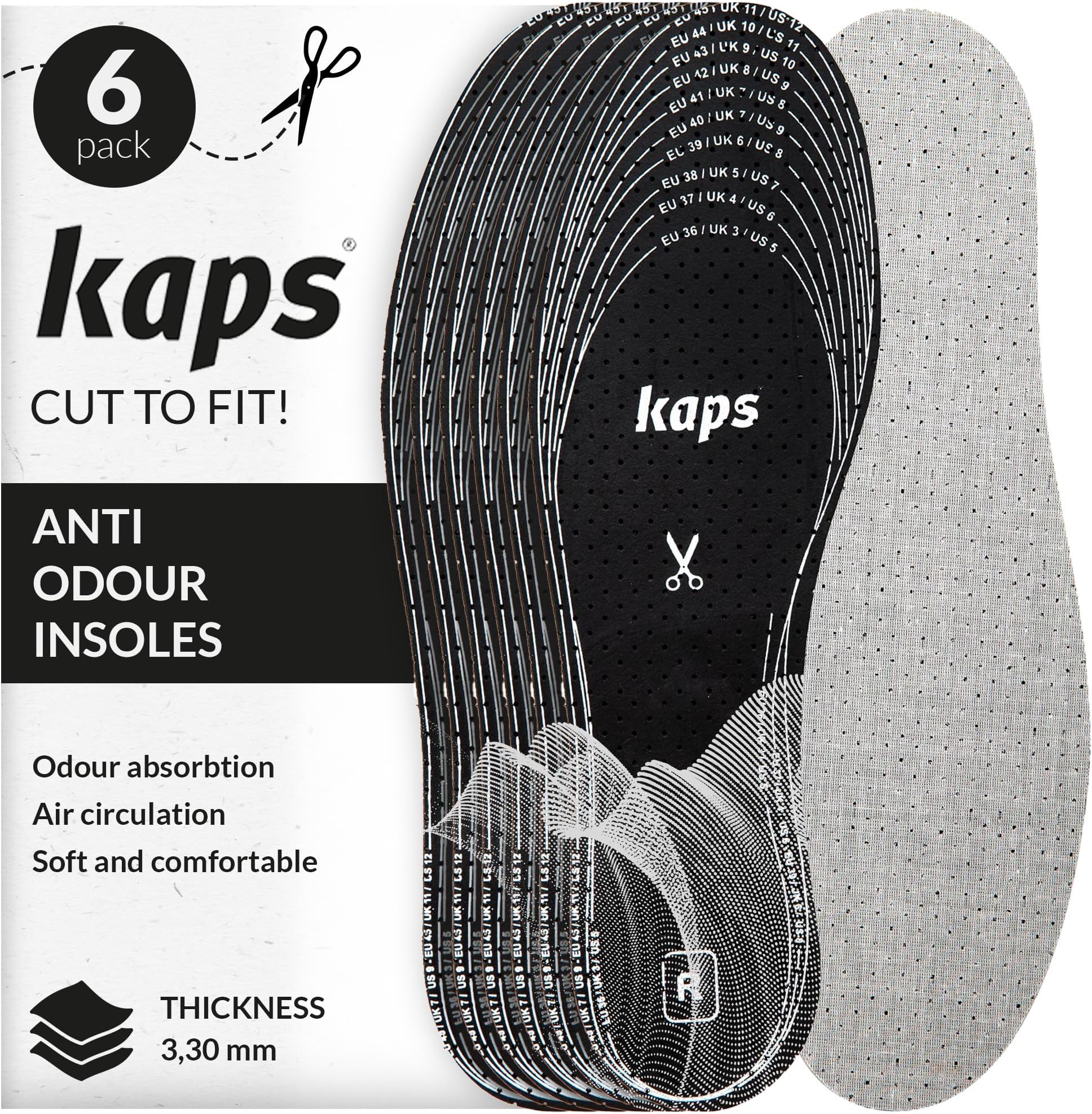6 Pair Pack Anti Odour Shoe Insoles Set with Odor Eating Charcoal | Shoe Inserts | Kaps Odour Stop | Cut to Size