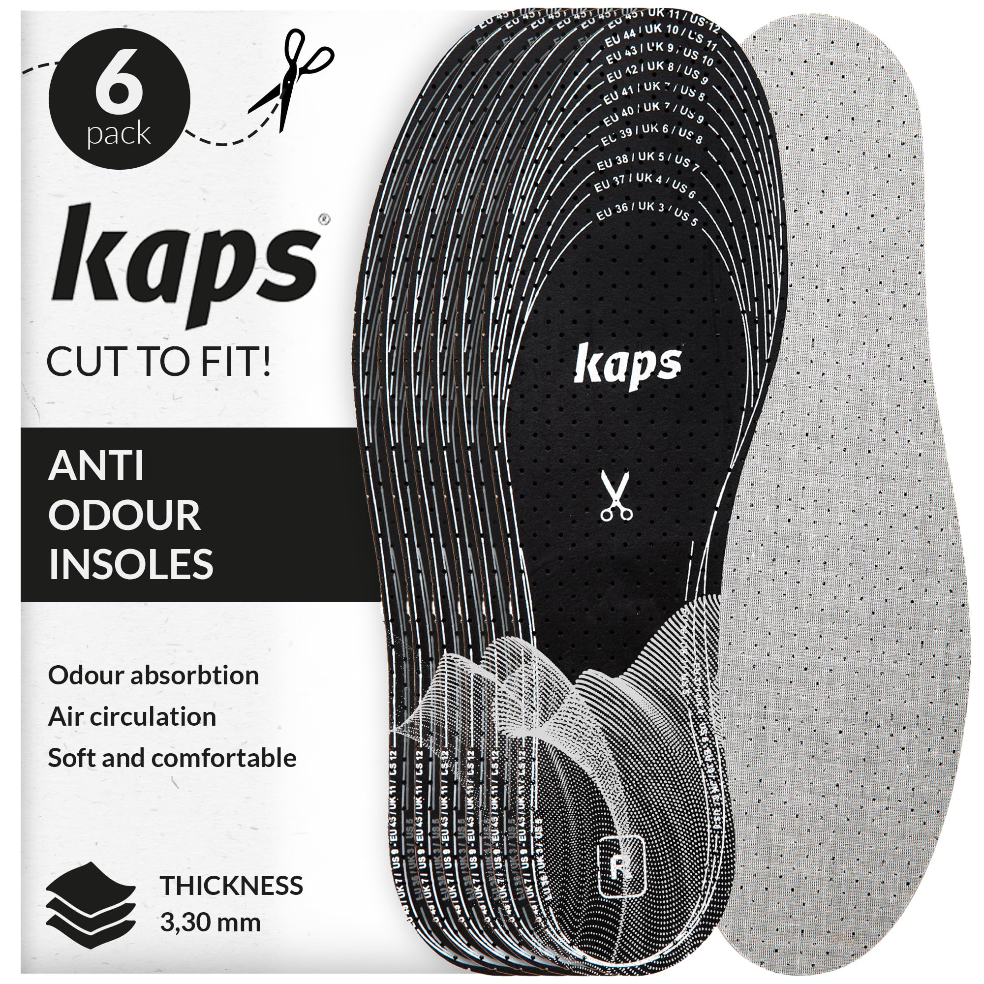 6 Pair Pack Anti Odour Shoe Insoles Set with Odor Eating Charcoal | Shoe Inserts | Kaps Odour Stop | Cut to Size
