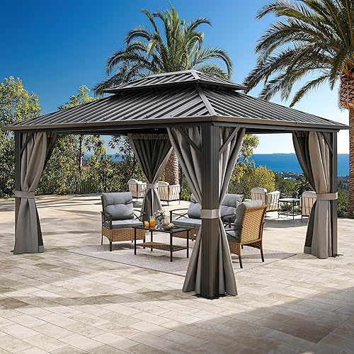 YITAHOME Gazebo de techo duro de 12 x 12 pies con redes y cortinas, resistente doble techo de acero galvanizado al aire libre, combinado de rayas