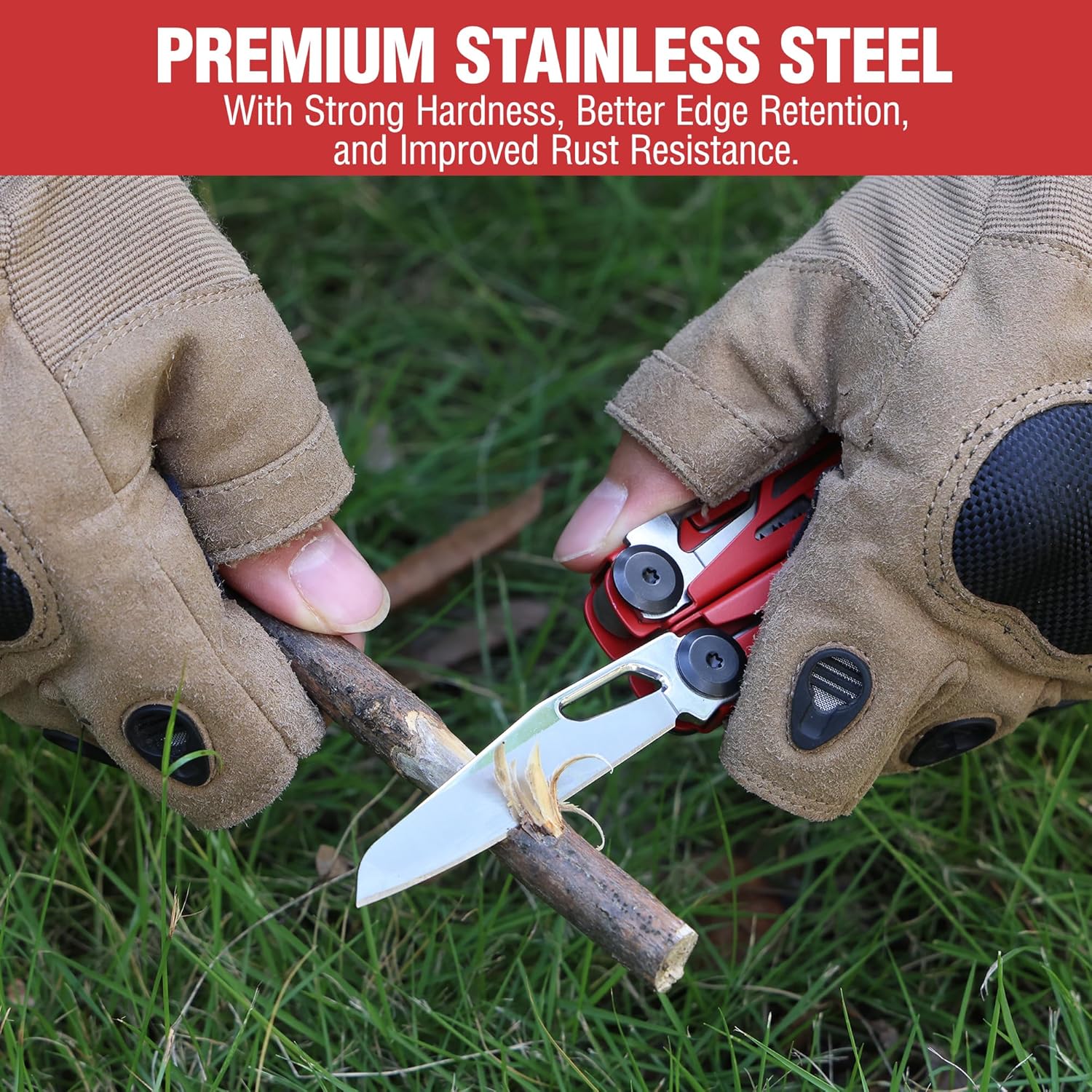 Close-up of the multi-tool's knife blade cutting a small branch, highlighting its stainless steel construction