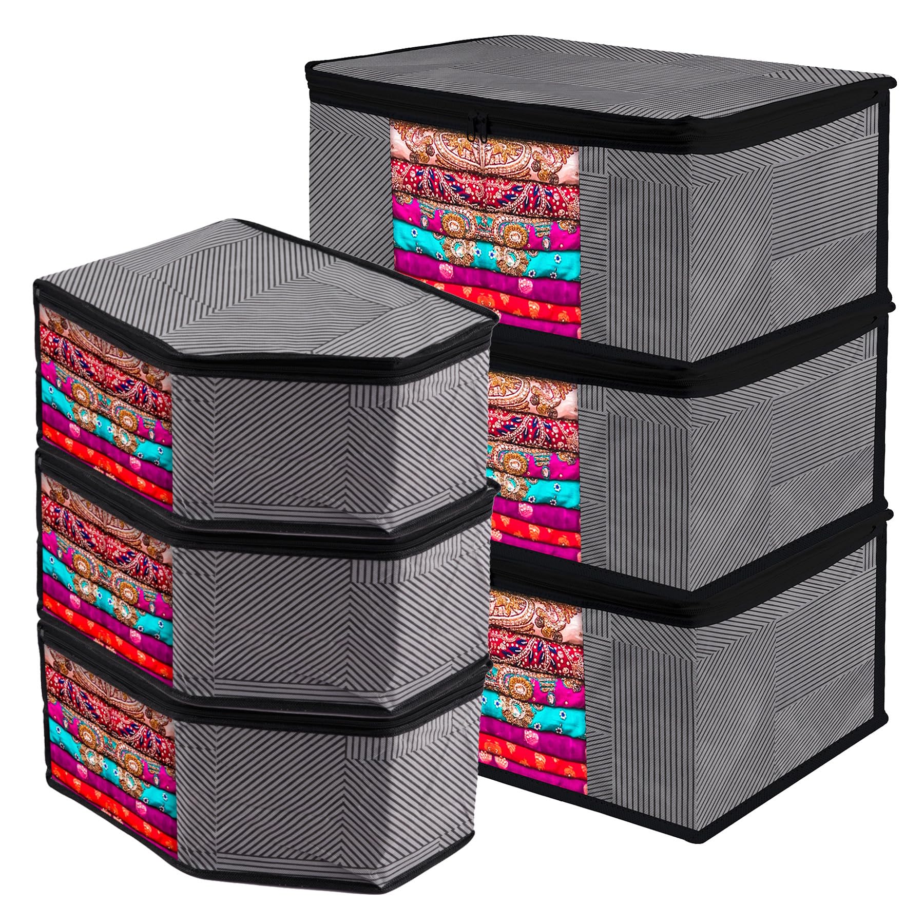 Kuber Industries Saree Cover & Blouse Cover Set | Zipper Closure Saree & Blouse Organizer Combo Set | 3 Pieces Blouse & 3 Pieces Saree Cover Set | Lining-Design | Set of 6 | Gray