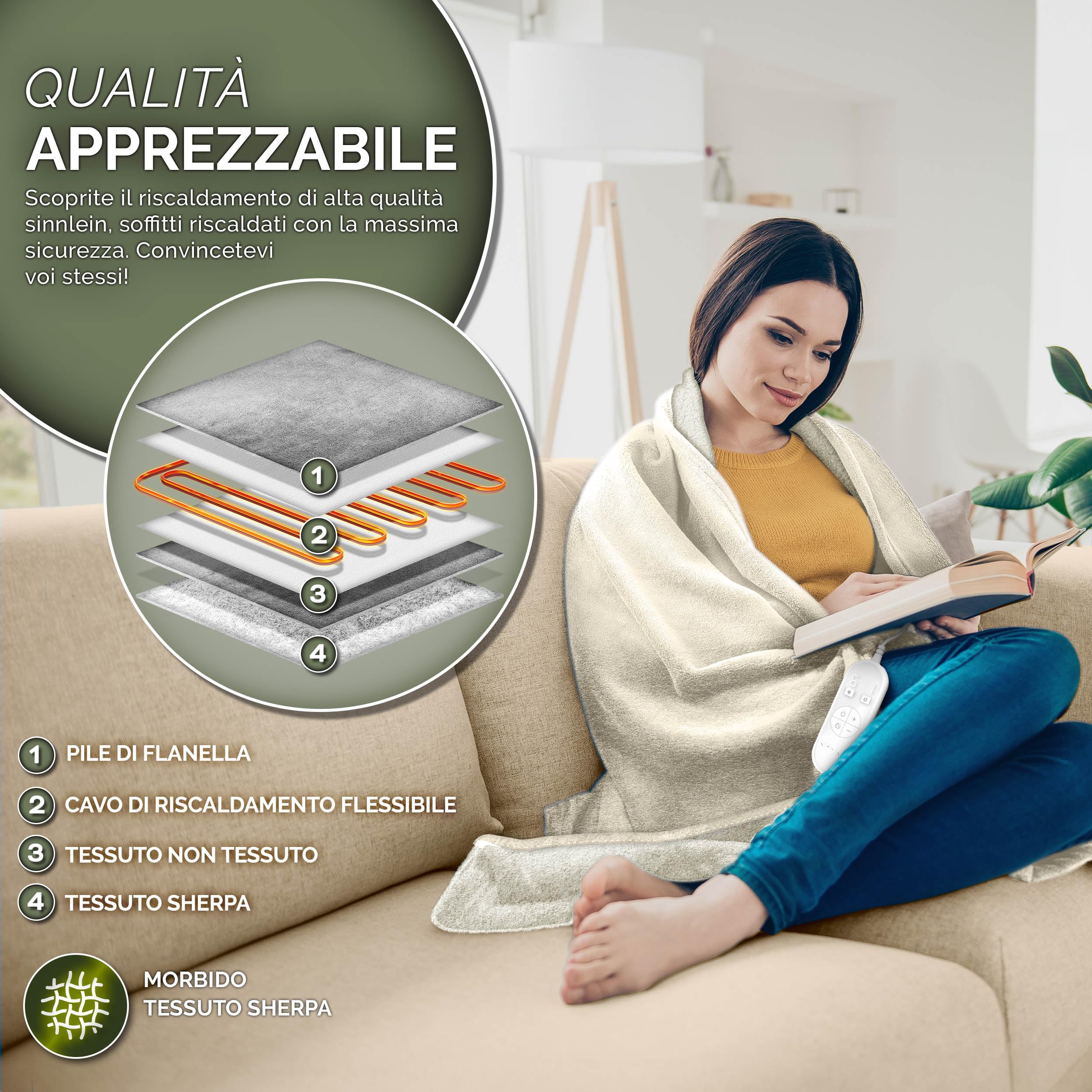 sinnlein® Coperta Elettrica 180x130cm con spegnimento automatico | 9 Livelli di Riscaldamento, Timer, Riscaldamento Rapido, Per Divano, Letto