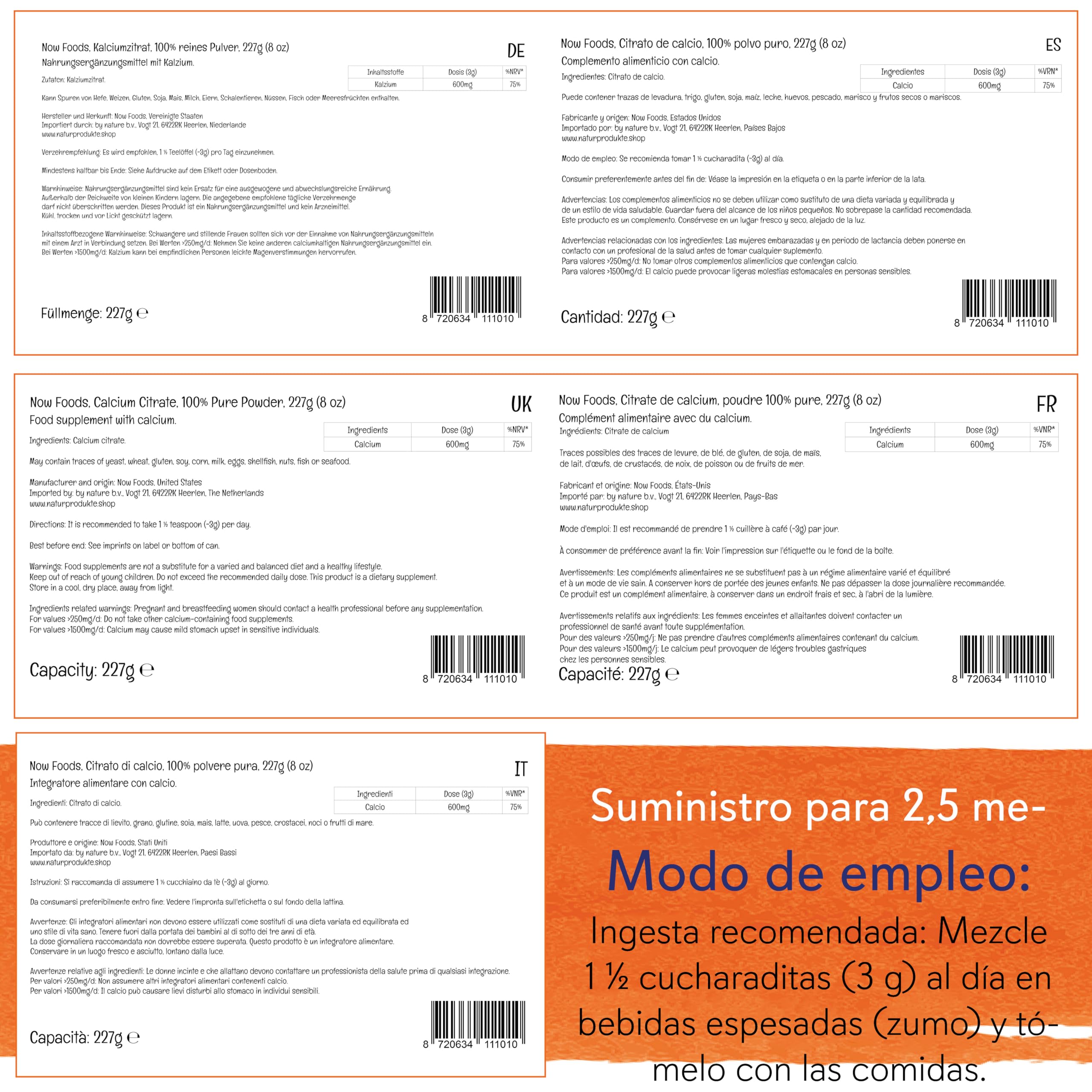 Now Foods, Calcium Citrate, Polvo Puro, 227g, Probado en Laboratorio, Calcio, Sin Soja, Sin Gluten, Vegetariano