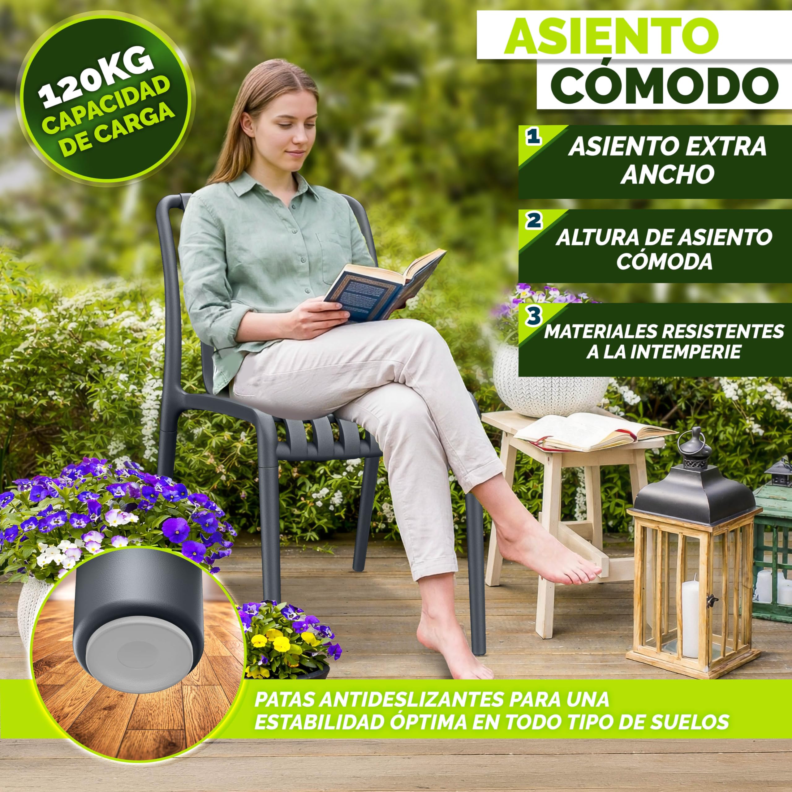 tillvex Juego de 2 sillas de jardín apilables, resistentes a la intemperie, sillas de exterior de hasta 120 kg, sillas de jardín para exteriores, muebles de terraza, balcón, jardín, terraza