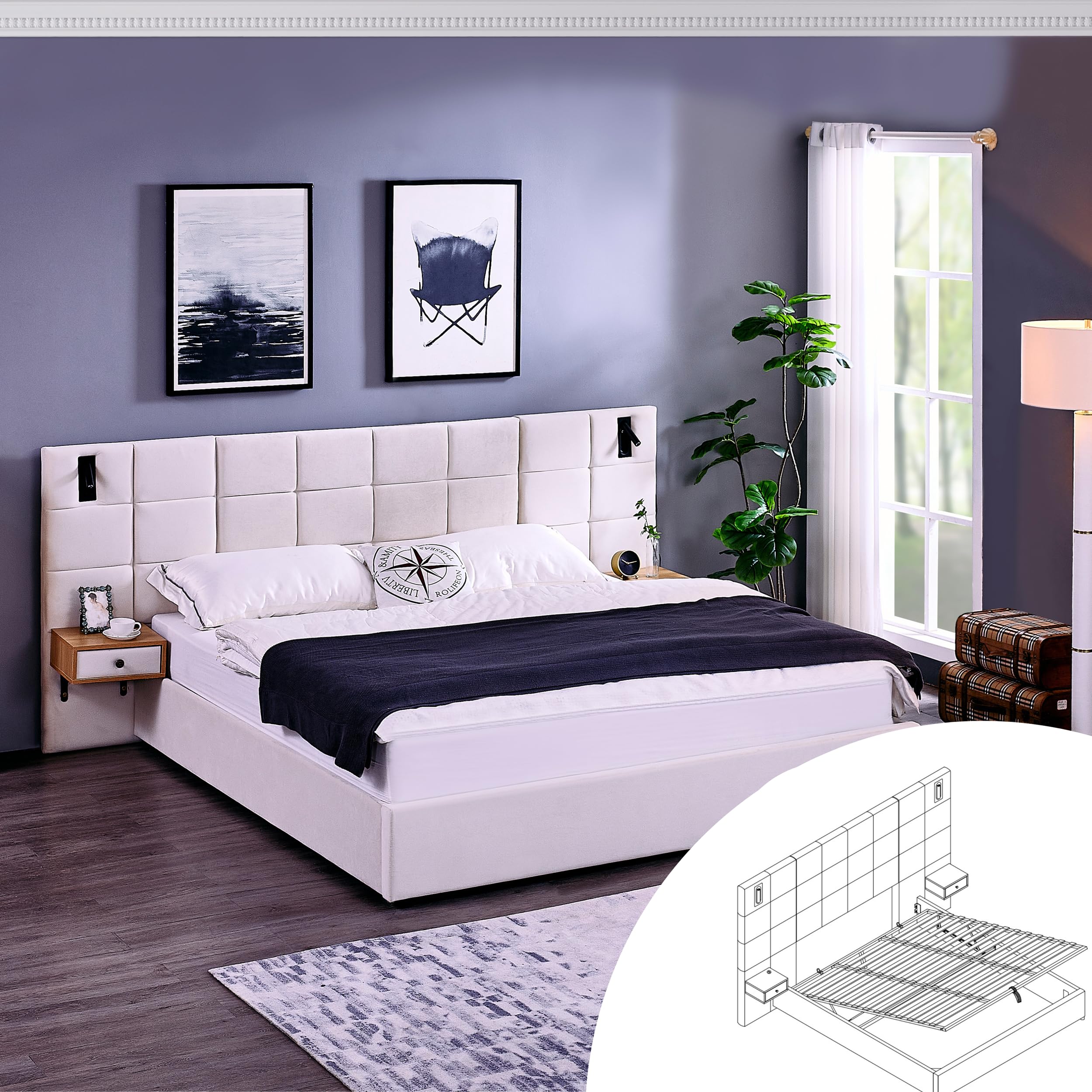 King Size Bed Frame with Headboard – Hydraulic Lift Up Storage Bed King, Velvet Upholstered Platform, 2 Side Shelves, USB Ports & Reading Lights, No Box Spring Required, Black