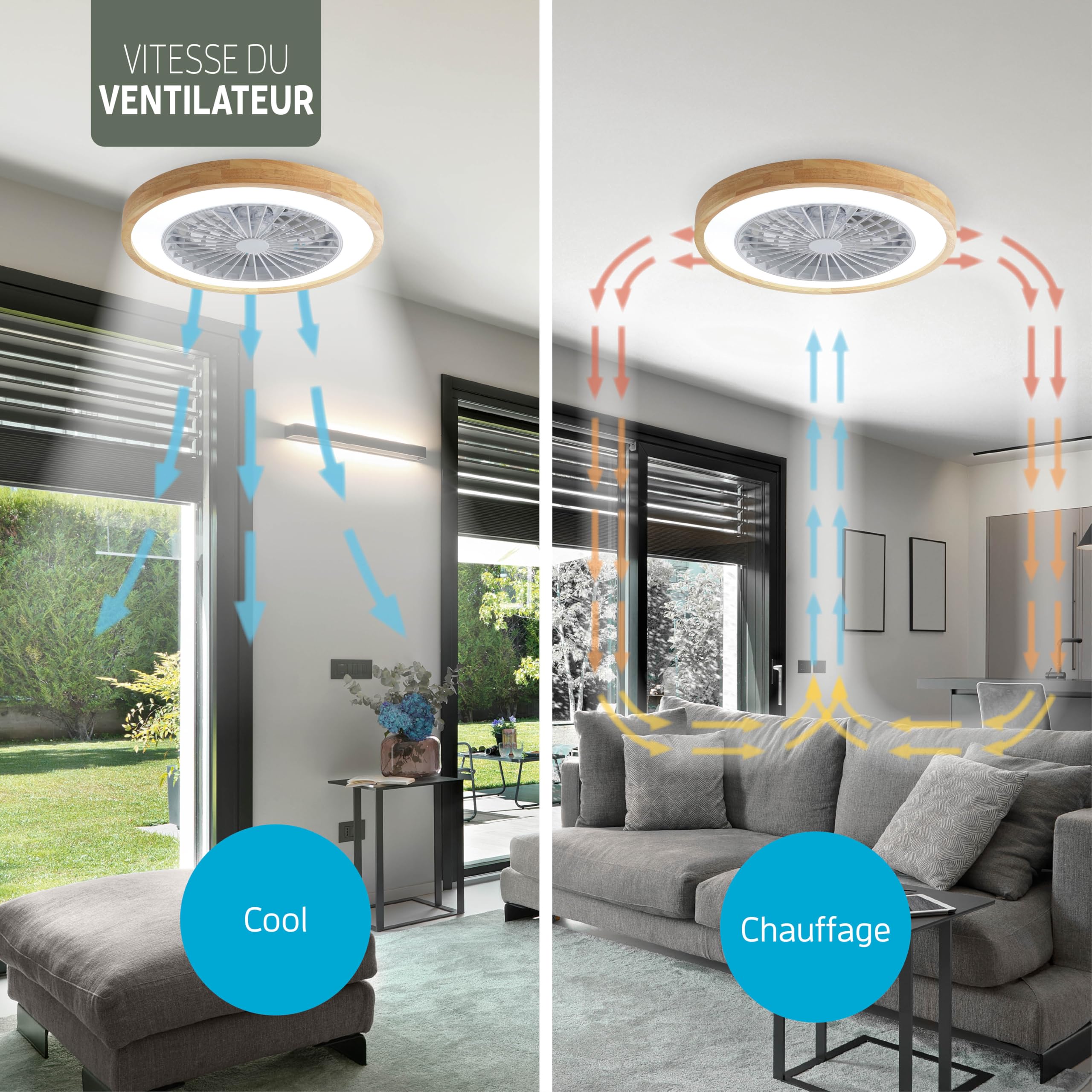 Varin Ventilateur Plafond avec Lumiere Intelligent, Plafonnier Silencieux Chambre, Tuya Wi-Fi LED 30W RGBW Ø 50 cm Télécommande 3000K-6000K Bois Clair