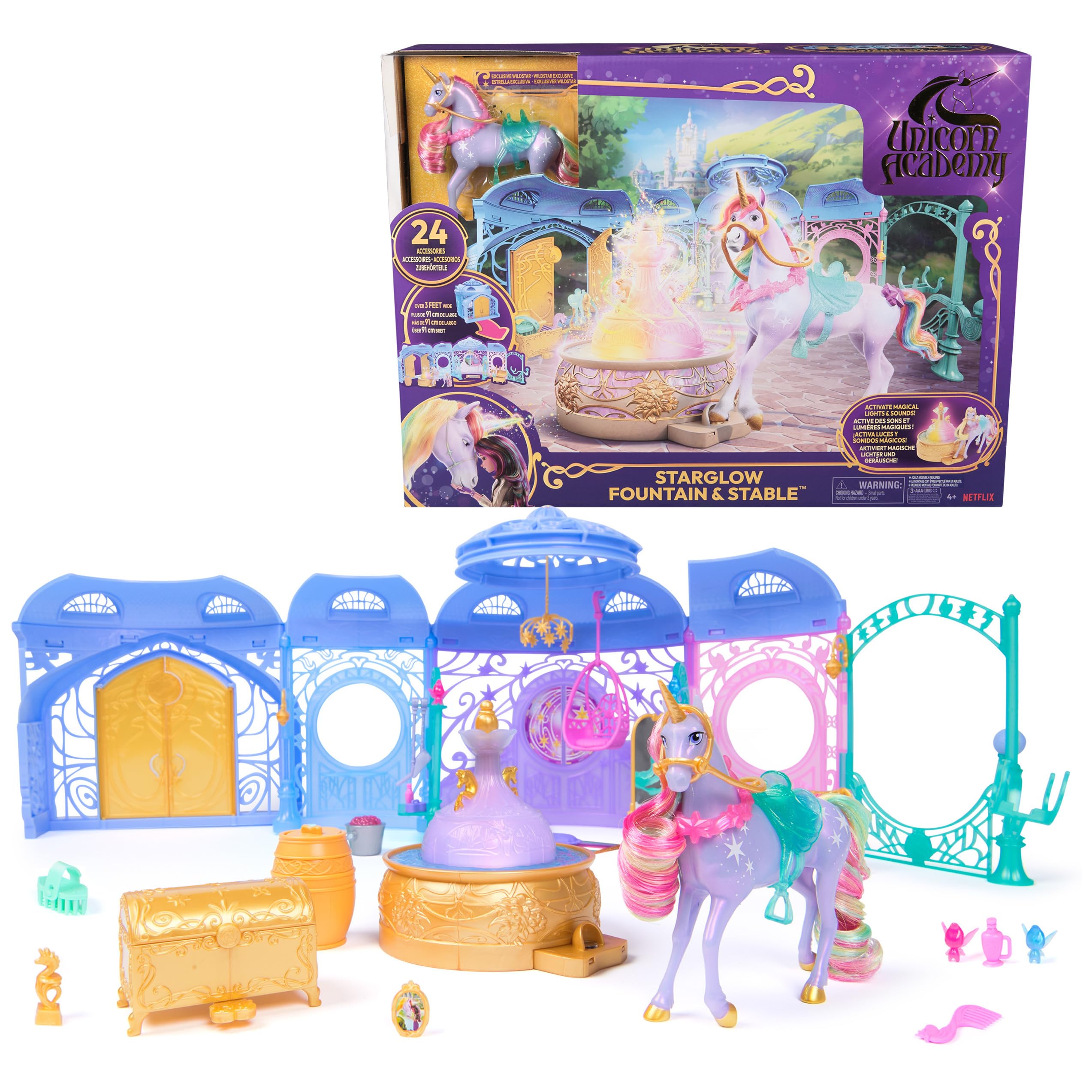 Unicorn Academy - Set de Juego Estable de 90 cm, Incluye Fuente con Efectos de luz y Sonido, Unicornio de 12 cm y 24 Accesorios, Juego Original de la Popular Serie Netflix, para niños a Partir de 4