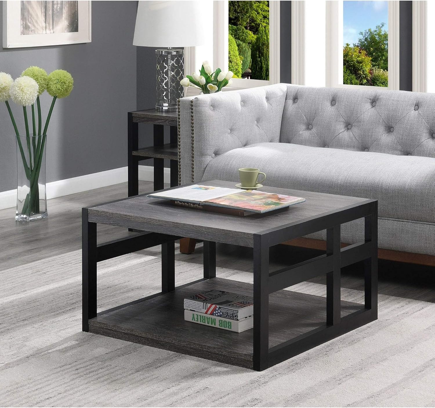 Misc Square Coffee Table Grey Modern Contemporary MDF Includes Hardware Shelf