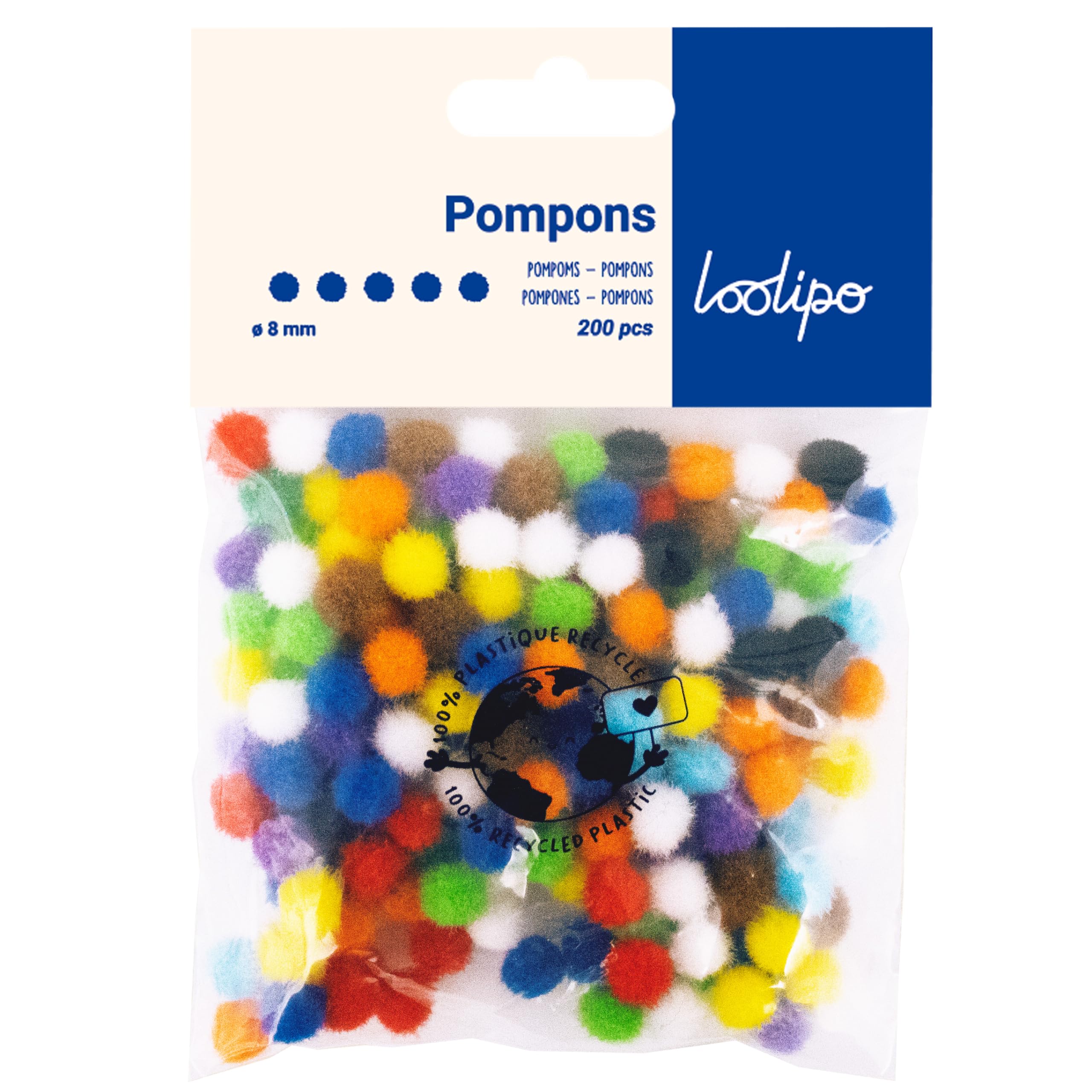 LOOLIPO - POMPONS - TRICOLORES - 200 Pompons - ø 1 - 3,5 Cm