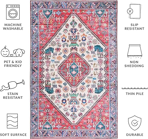 Miniatura 4 de SAFAVIEH Tucson Collection - Alfombra de área de 6 x 9 pies, diseño bohemio persa, no desprende pelusa, lavable a máquina y antideslizante, ideal