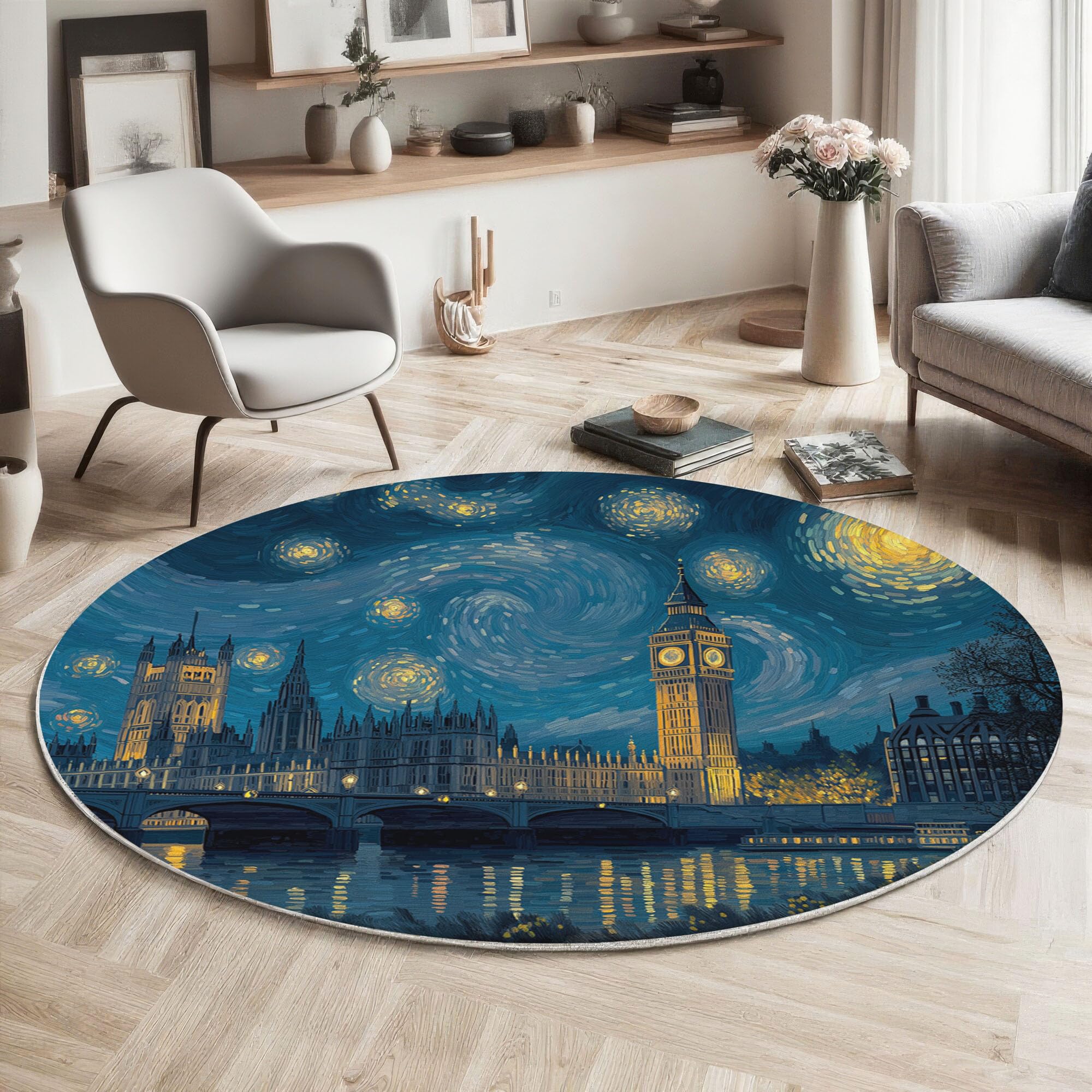 Tapis abstrait Big Ben bleu foncé rond 80cm design haut de gamme