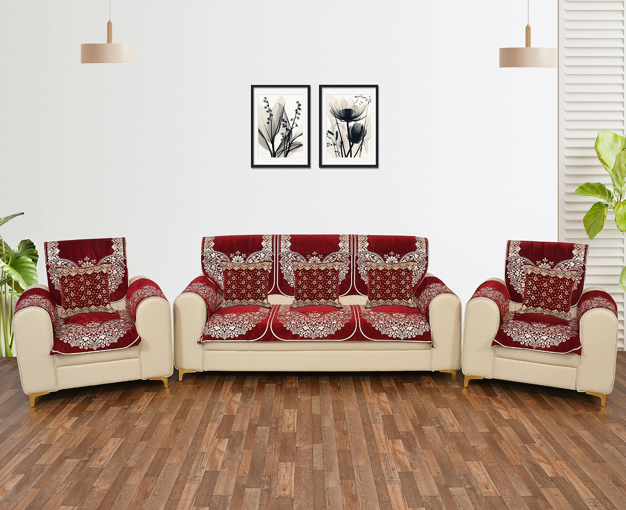 SAWNA HOMES 5 Seater Printed Sofa Cover Set with Arm Covers & Cushion Cover | Velvet Back Slip Panels for 3,1,1 Seater Sofa | Anti-Slip Washable Sofa Protectors for Living Room (17 Pcs, Maroon) (B0B8T31VFP) Amazon Price History, Amazon Price Tracker