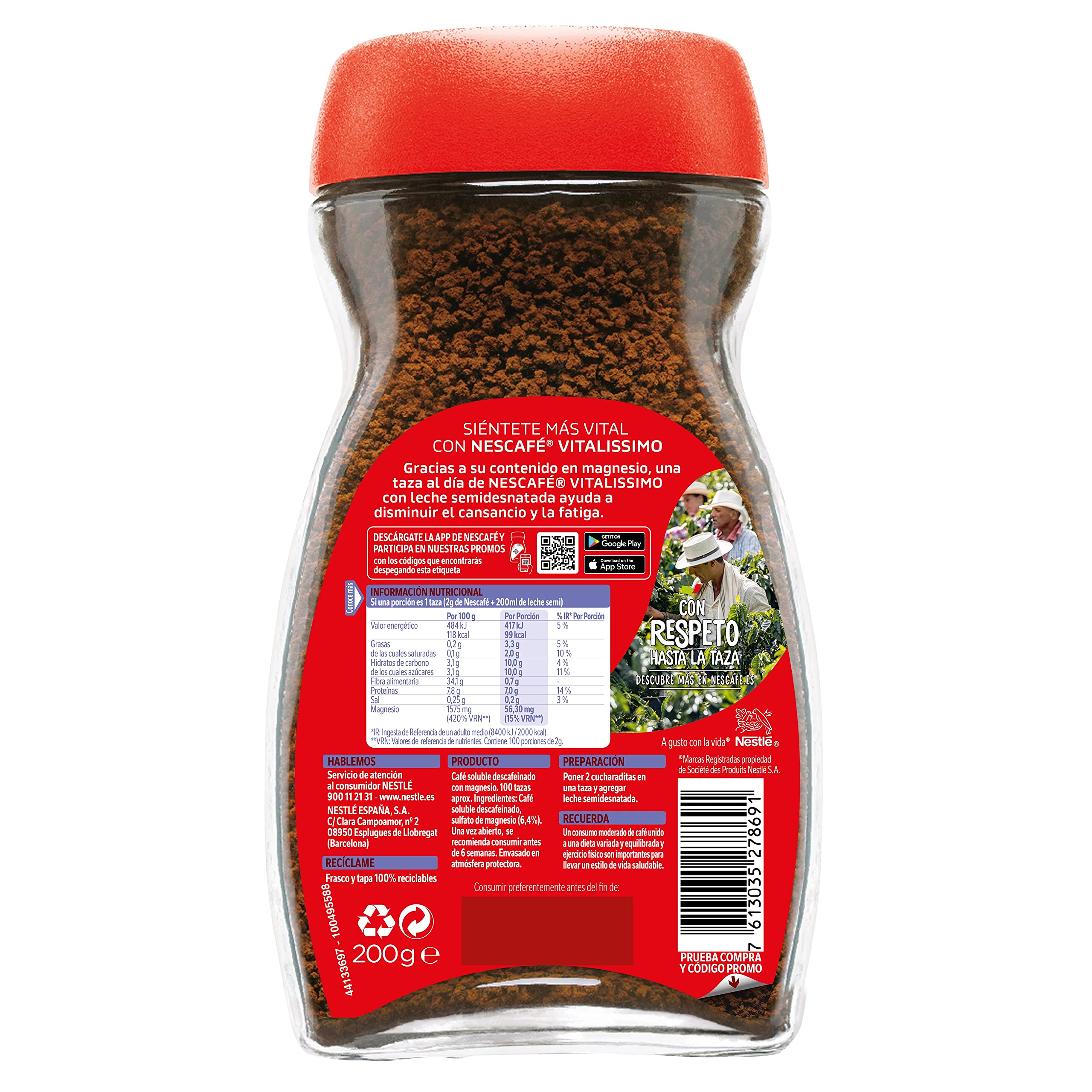 NESCAFÉ VITALISSIMO DESCAFEINADO con magnesio, café soluble descafeinado, frasco de vidrio, Pack de 6 x 200 g
