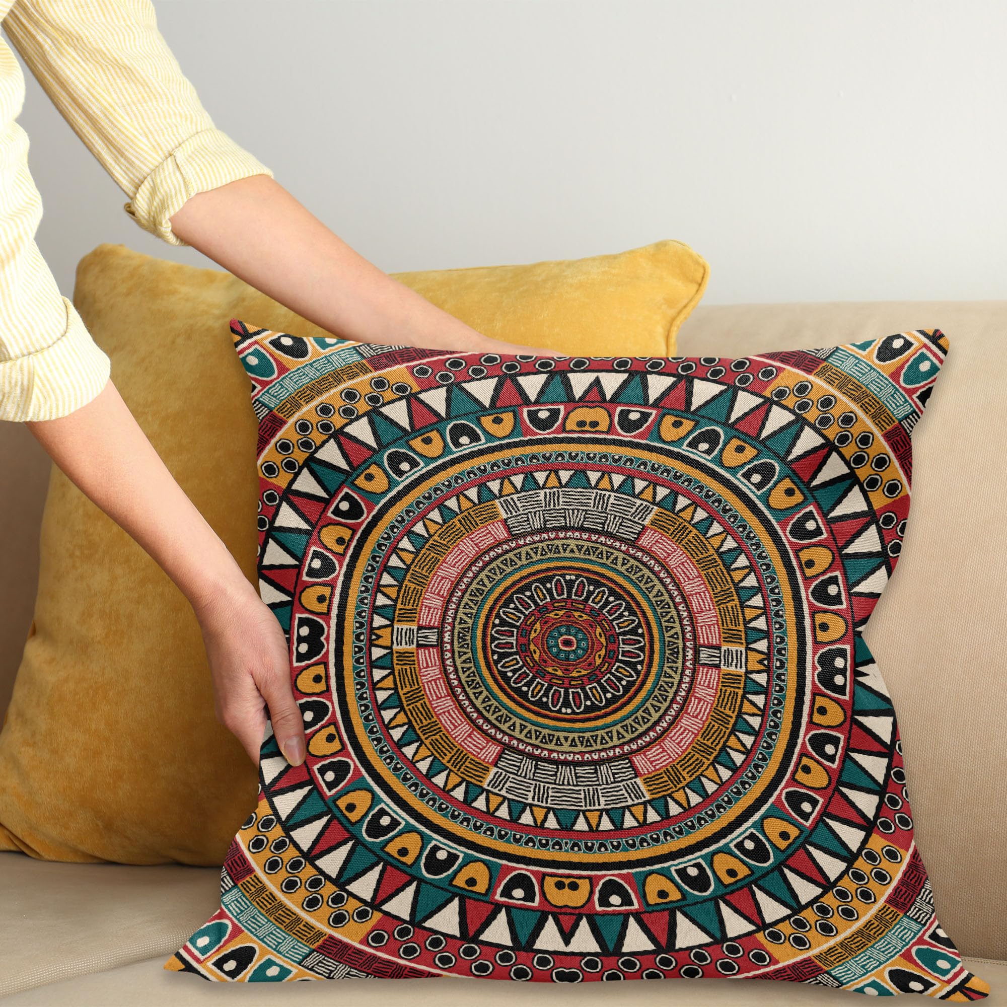 Ambesonne Tribal Throw Pillow Cushion Cover, Folkloric Tribe Round Pattern Colors Aztec Art, Decorative Square Accent Pillow Case, 16" X 16", Mustard Jade