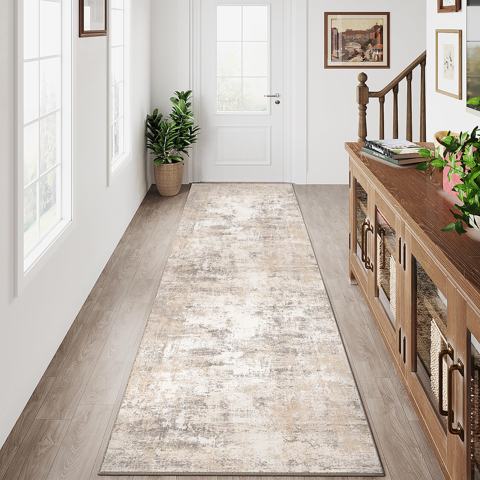 HUGEAR Beige Grau Läufer Flur Teppich 60x240cm Waschbarer | Waschbarer Modern Abstrakter Läufer, Rutschfest, Kurzflorig, Weich, für Flur, Küche, Teppichflur, Schlafzimmer