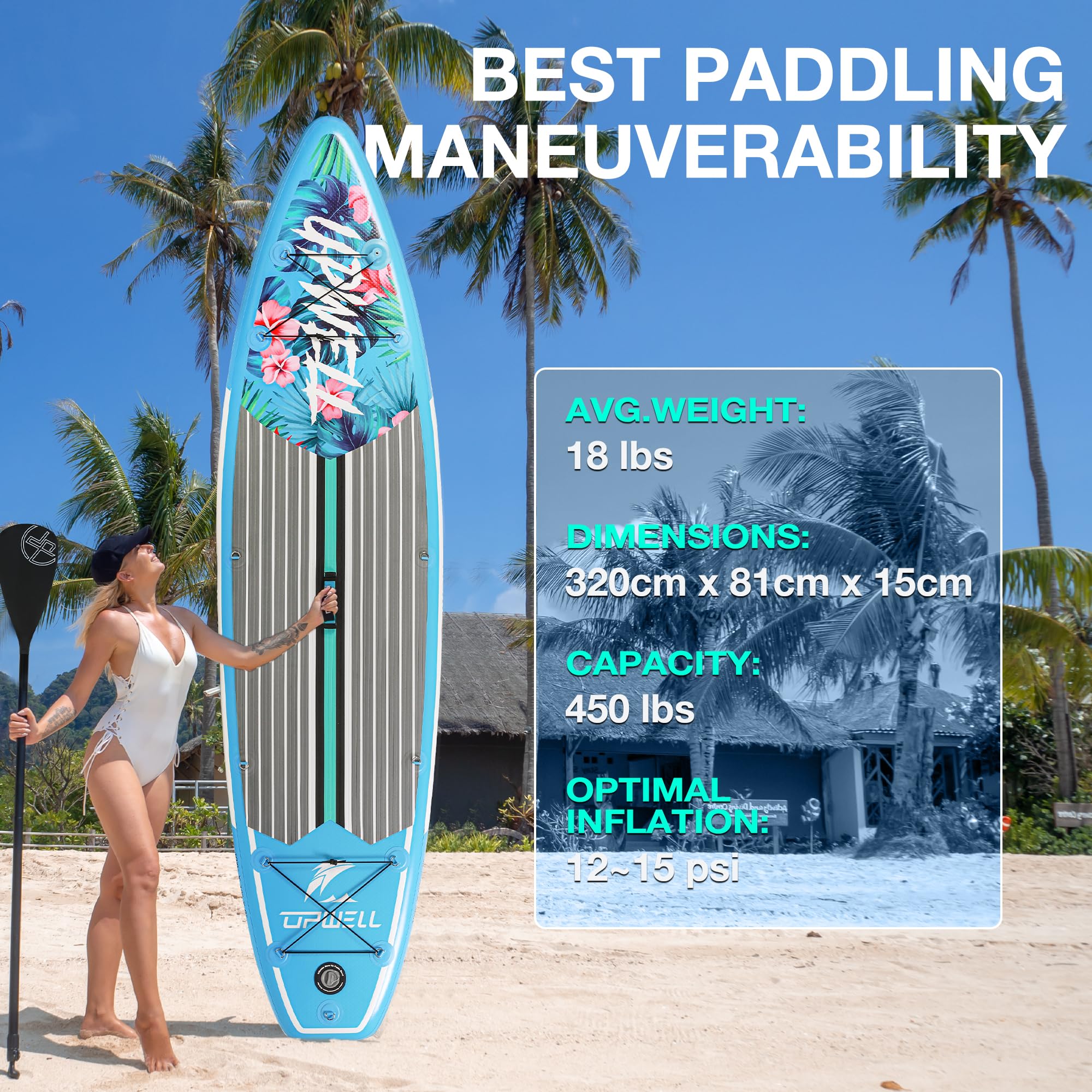 UPWELL Premium Stand Up Paddling Board Aufblasbar, SUP Board Set mit Sitz, 204kg Tragkraft für 2 Personen, Komplettes Zubehör inkl. Verstellbarem Paddel für Anfänger