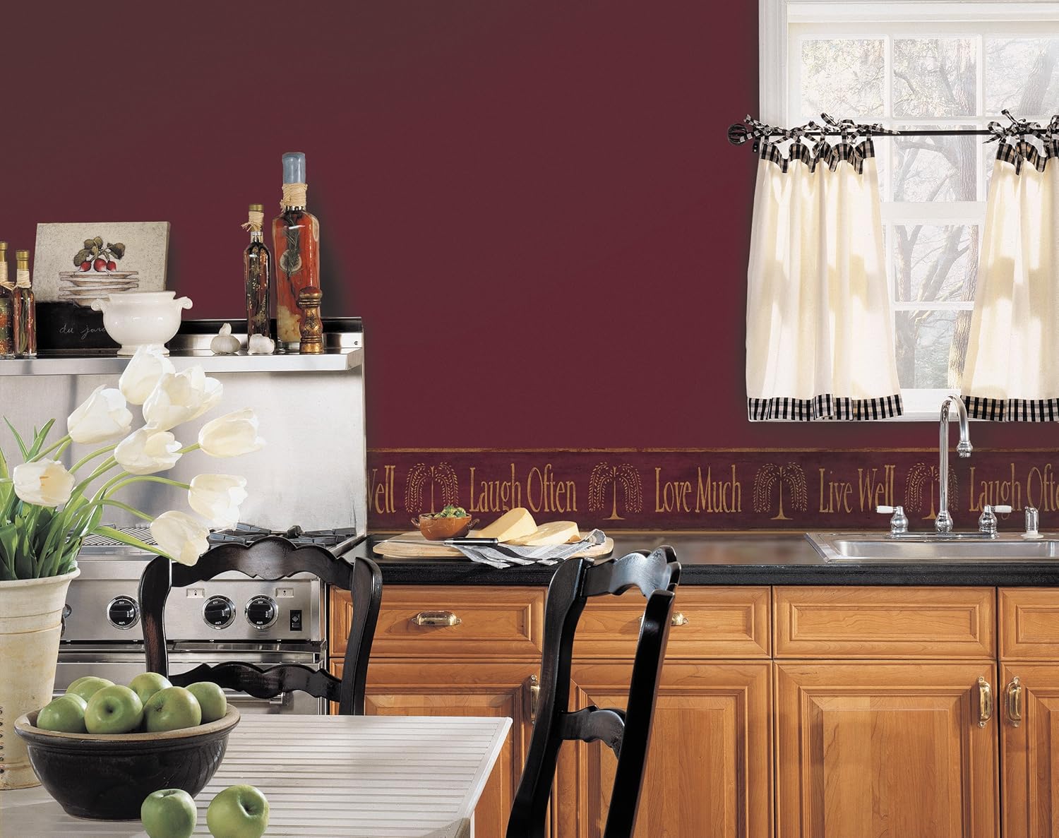 RoomMates York Wallcoverings Best of Country CN1112BD Live Well Border, Burgundy On Khaki