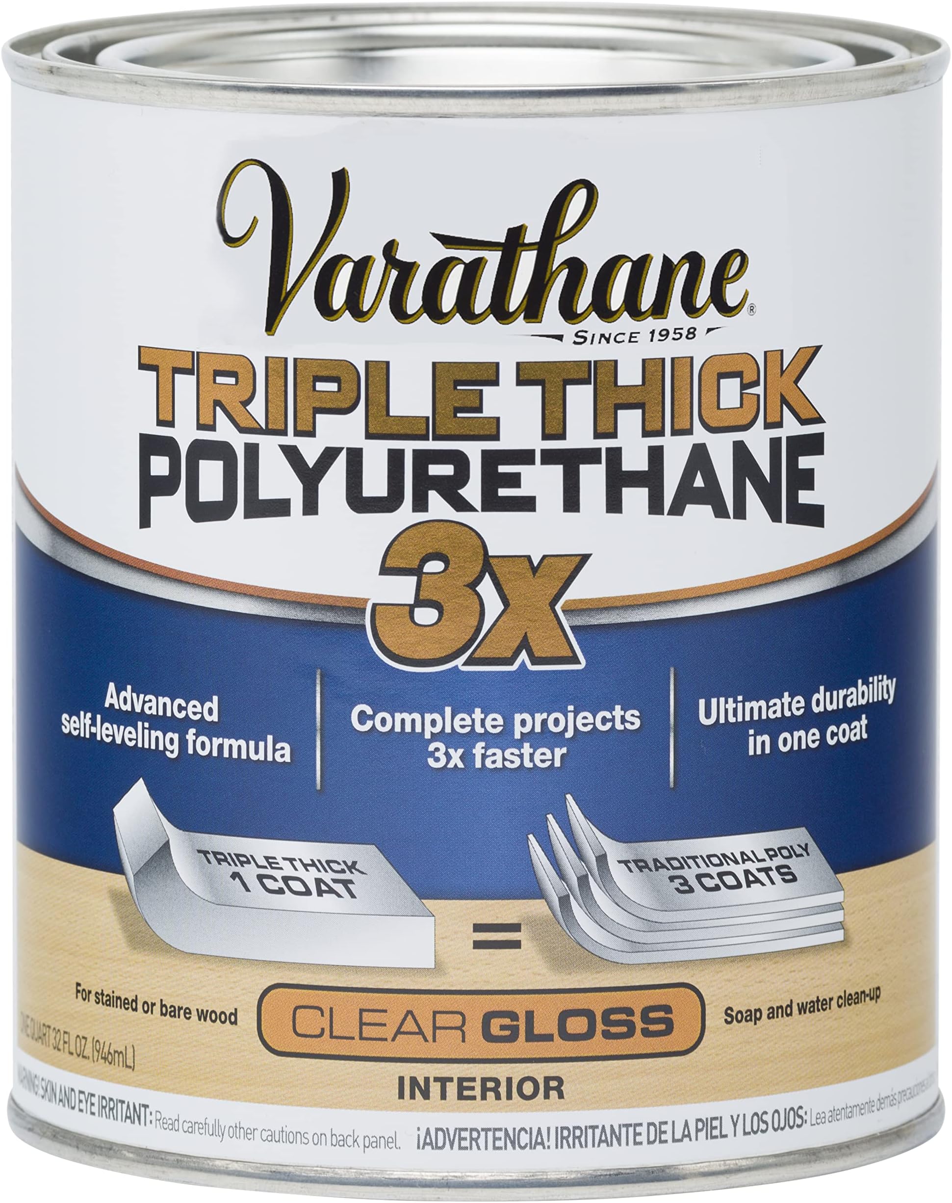 Varathane Triple Thick Polyurethane Clear Wood Finish | Self-Leveling Formula | Scratch And Stain Resistance | Durability In One Coat | Gloss | Quart