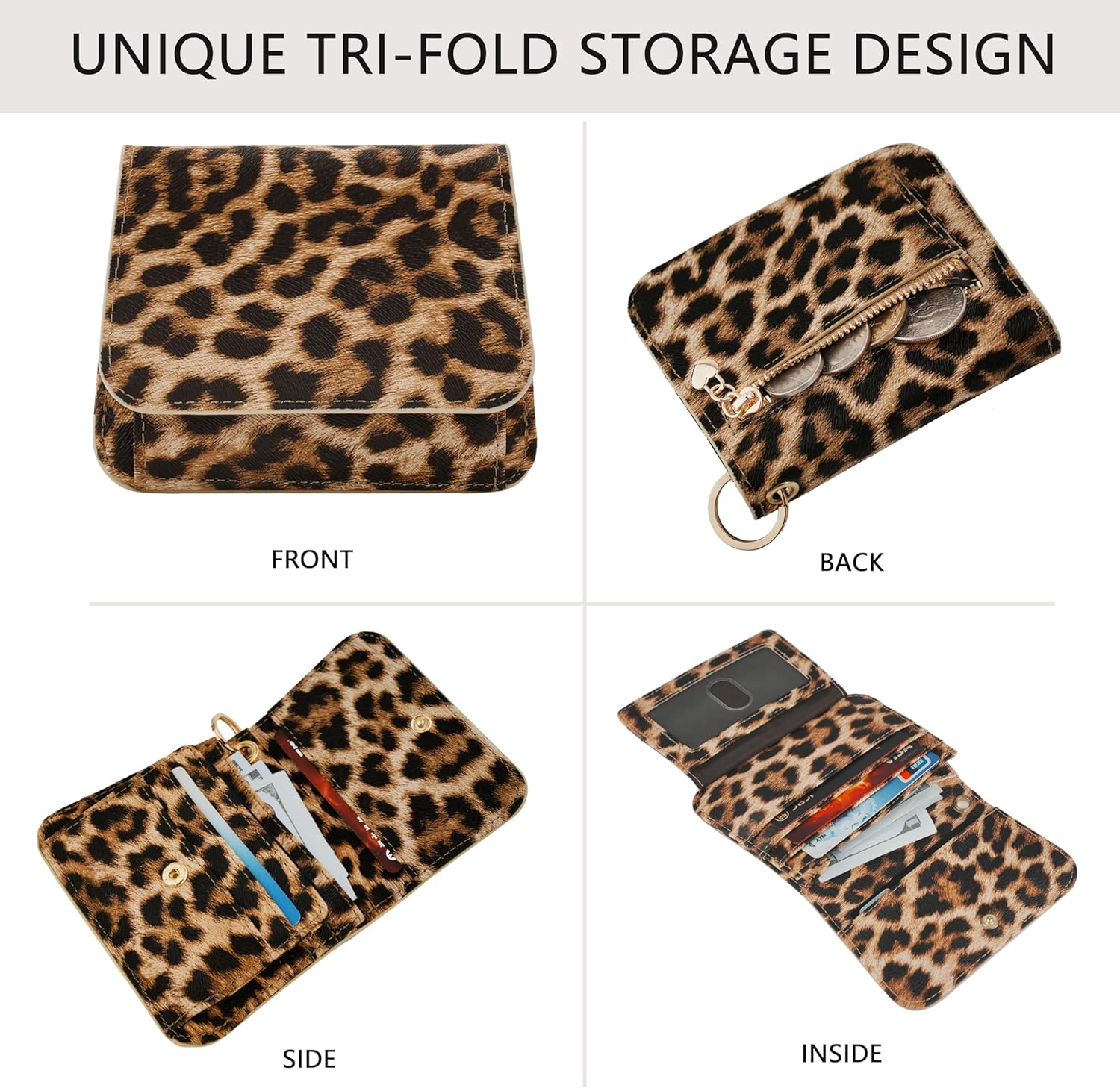 Women Small Wallet RFID Blocking Slim Wallet with Coin Pocket Tri-Fold Credit Card Holder with ID Window and Keychain (Leopard) - Image 4
