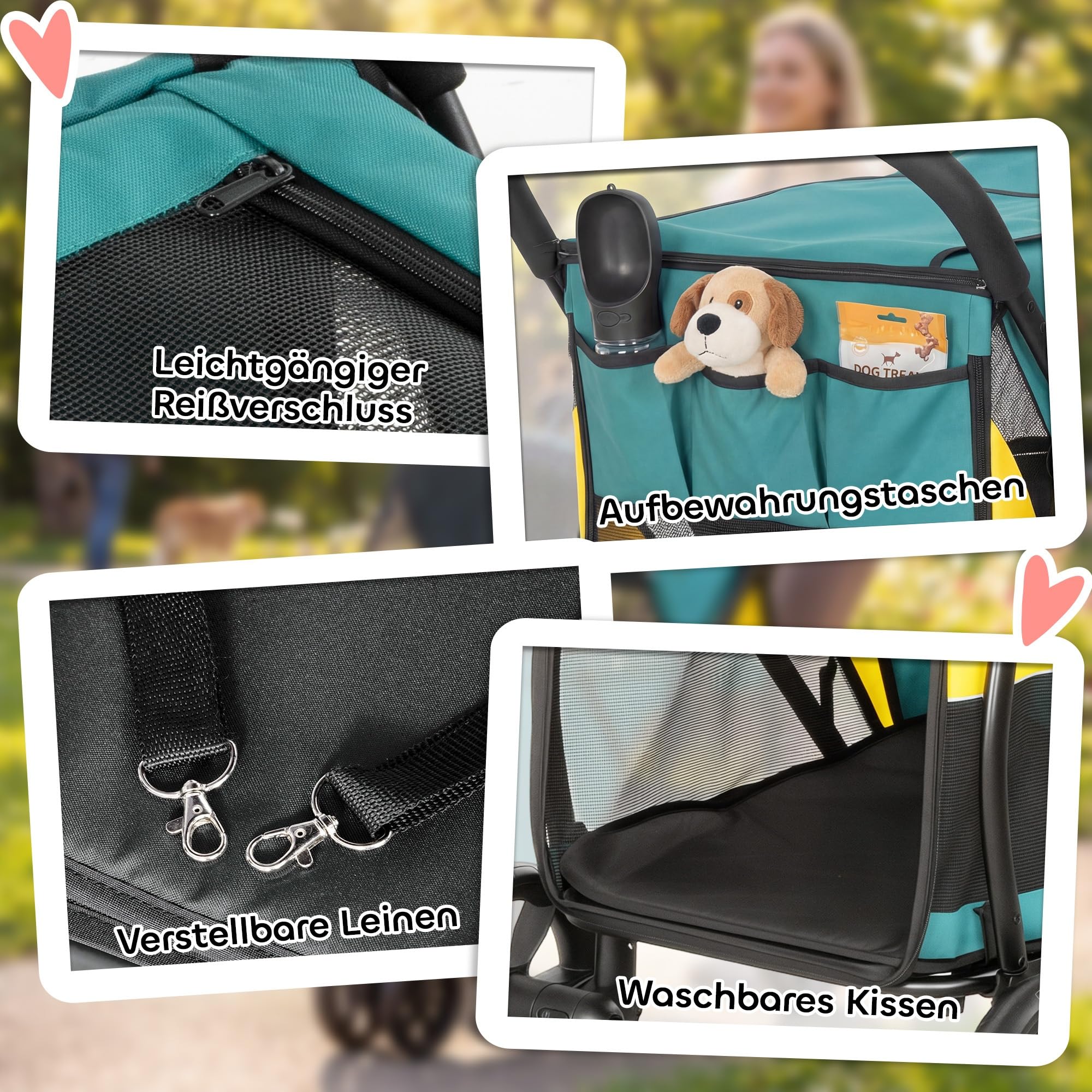 PawHut Hundewagen Hundebuggy Faltbar Katzenwagen bis 20 kg mit waschbarem Kissen, Netzfenstern, 3 Räder, Tür, Rückentasche, Haustierbuggy für kleine mittelgroße Hunde, Dunkelgrün