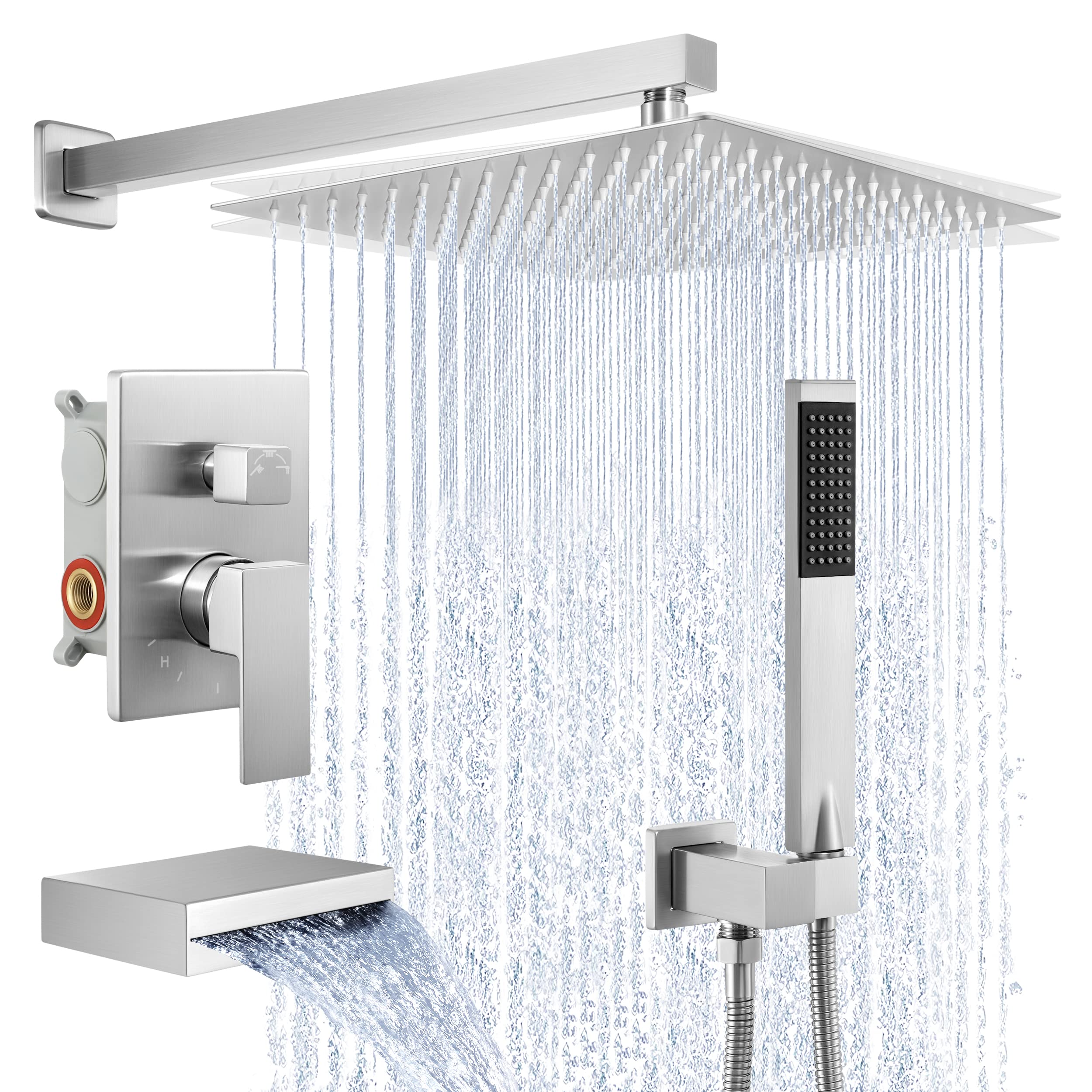 KES Shower Faucet Set 12 Inch Rain Shower Head 3-Function Shower System with Tub Spout Rainfall Shower Head with Handheld Shower, Pressure Balance Valve Brushed Nickel, XB6305S12-BN