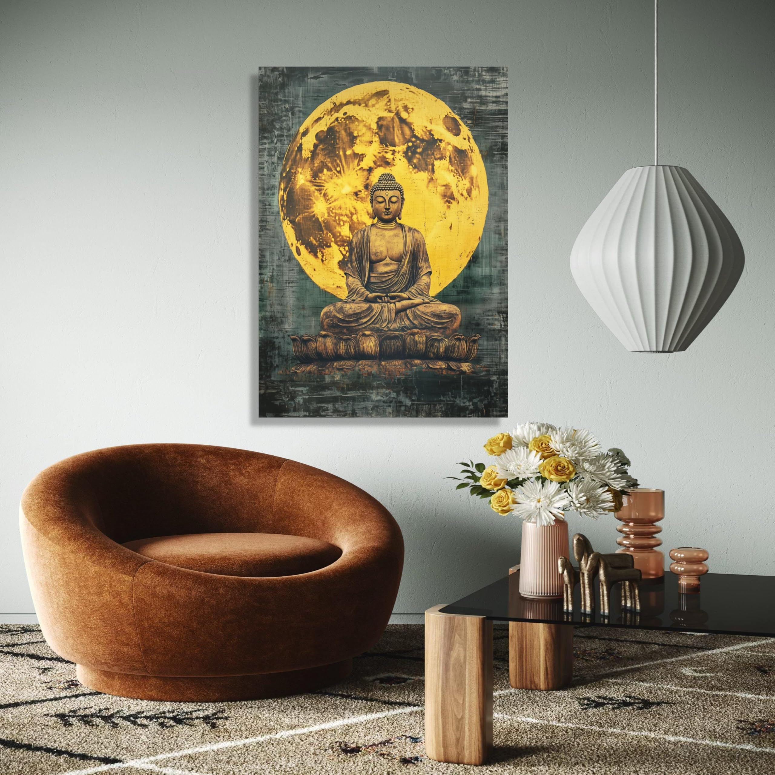 YUSUZHU Stampa su tela raffigurante la statua del Buddha in meditazione, sfondo con luna piena, decorazione zen spirituale, dipinto per sala yoga, stampa per arredamento (50x75 cm/cornice interna)