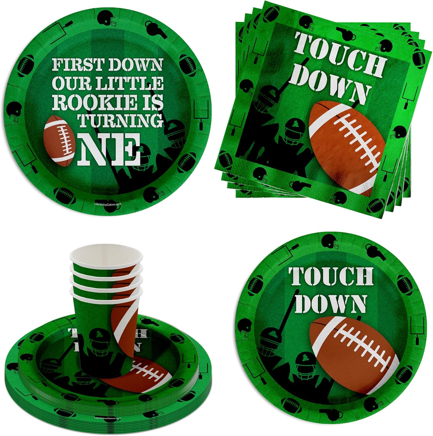First Down Football 1st Birthday Party Supplies - 64 Piece Boys First Birthday Tableware Set Includes Large 9" Dinner Plates and 7" Dessert Paper Plates Napkins Cups - Kit for 16