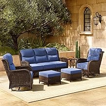 HILLGA Luxury Patio Furniture Set with 6-inch Thick Cushion, Outdoor Couch and High Back Swivel Rocker Patio Chairs, 6PCS Wicker Conversation Set for Deck Yard and Poolside, Blue (V2)