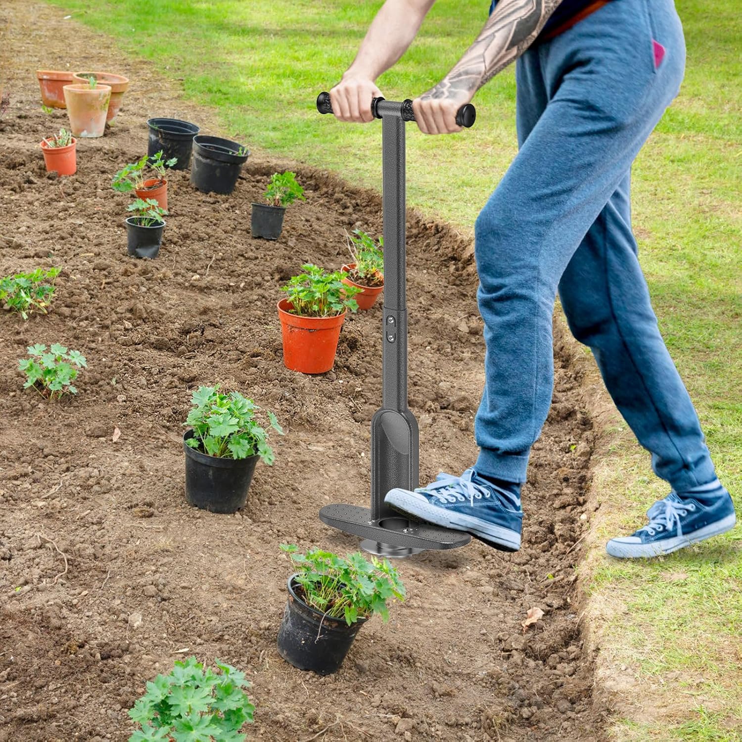 Dolibest Bulb Planter Tool w/Soft Grip, Grass Plugger Tool w/Stainless Steel Sharp Serrations, Depth Adjust Pre-Assembled Sod Plugger w/Centre Auto Dump Design for Lawn Planting Bulbs and Grass Repair