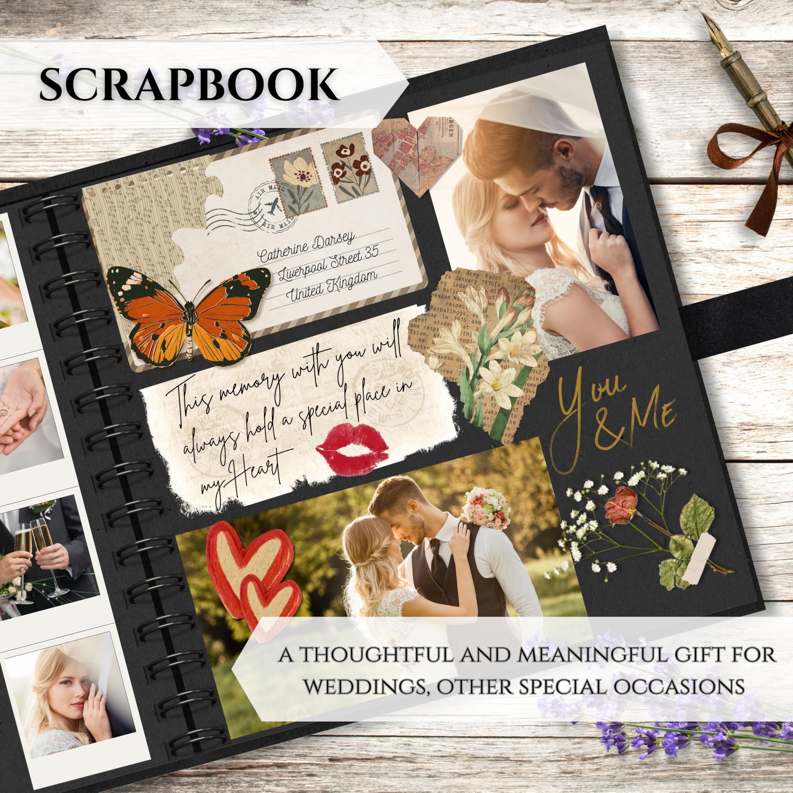 Scrapbook Photo Album 100 Pages (20 x 20 cm), Black Spiral-Bound Kraft Paper, Hard Cover with Ribbon Closure - Image 4