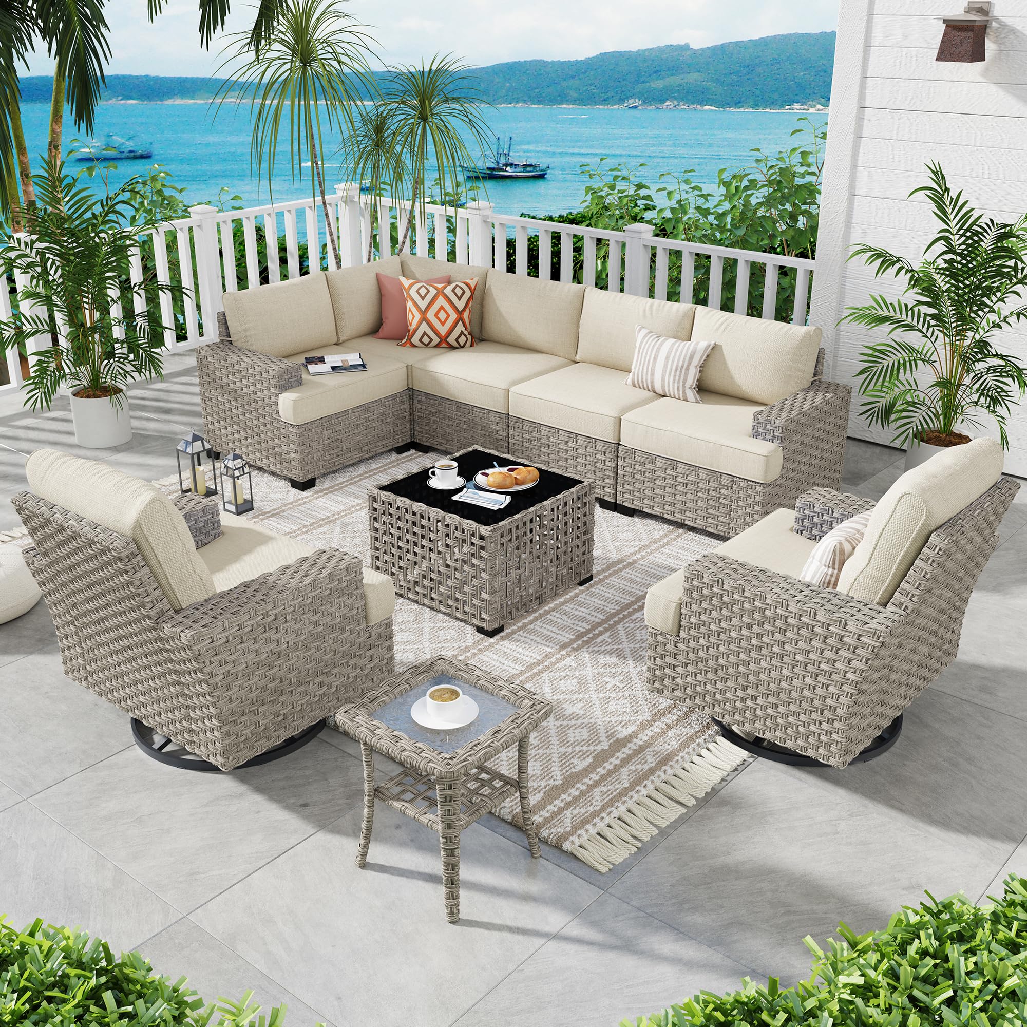 ovios 9 Piece Patio Sectional Furniture with Swivel Rocking Chairs, Rattan Wicker Coversation Set with Glowing Coffee Table, Outdoor Sofa Set for