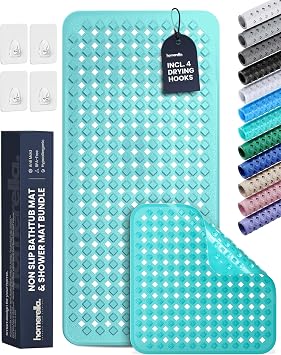 Homerella 1pc 34.5 x 15.5 inches Anti-Slip Bathtub Mat and 1pc 21 x 21 inches Non Slip Shower Mat, Machine Washable, INCL. Hooks for Hanging Clear Turquoise
