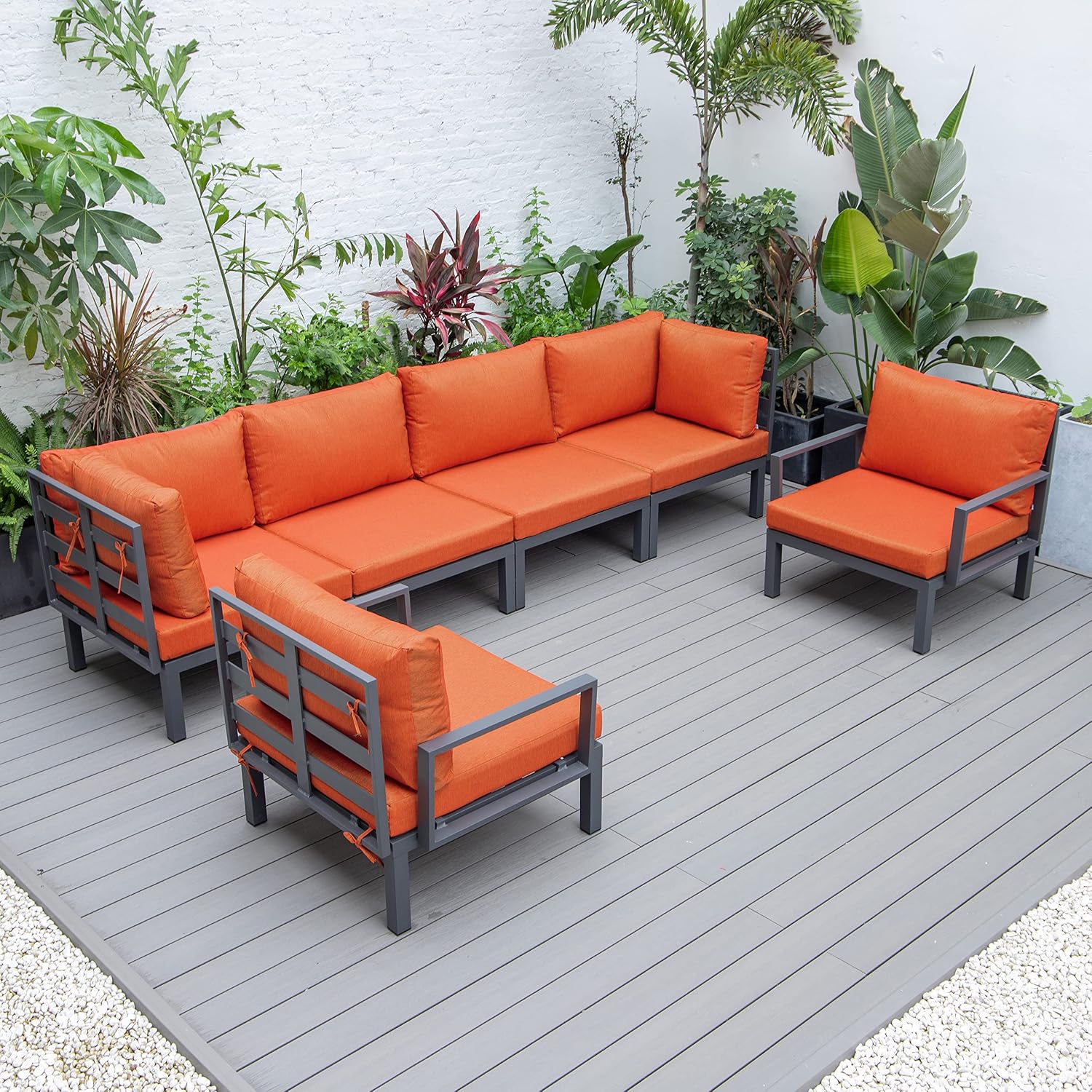 LeisureMod Hamilton Modern 6-Piece Modular Outdoor Sectional Aluminum Patio Conversation Set with Removable Cushions for Patio, Lawn, Garden, Poolside (Orange)