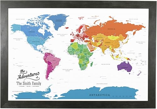 Lienzo - Mapa de viaje personalizado con diseño colorido del mundo con marco negro rústico