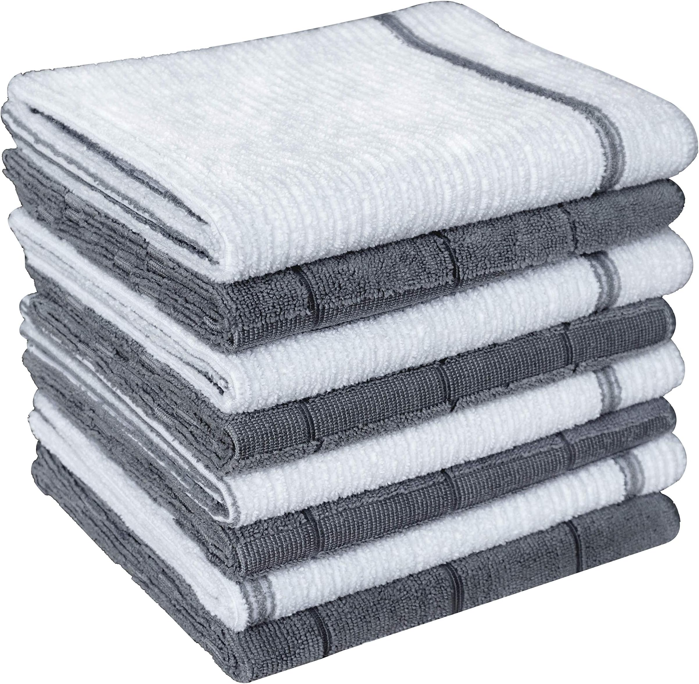 Gryeer Microfibre Tea Towels - Pack of 8 (4 Check and 4 Stripe Designed) - Soft, Super Absorbent and Lint Free Kitchen Towels, 45 x 65cm, Grey