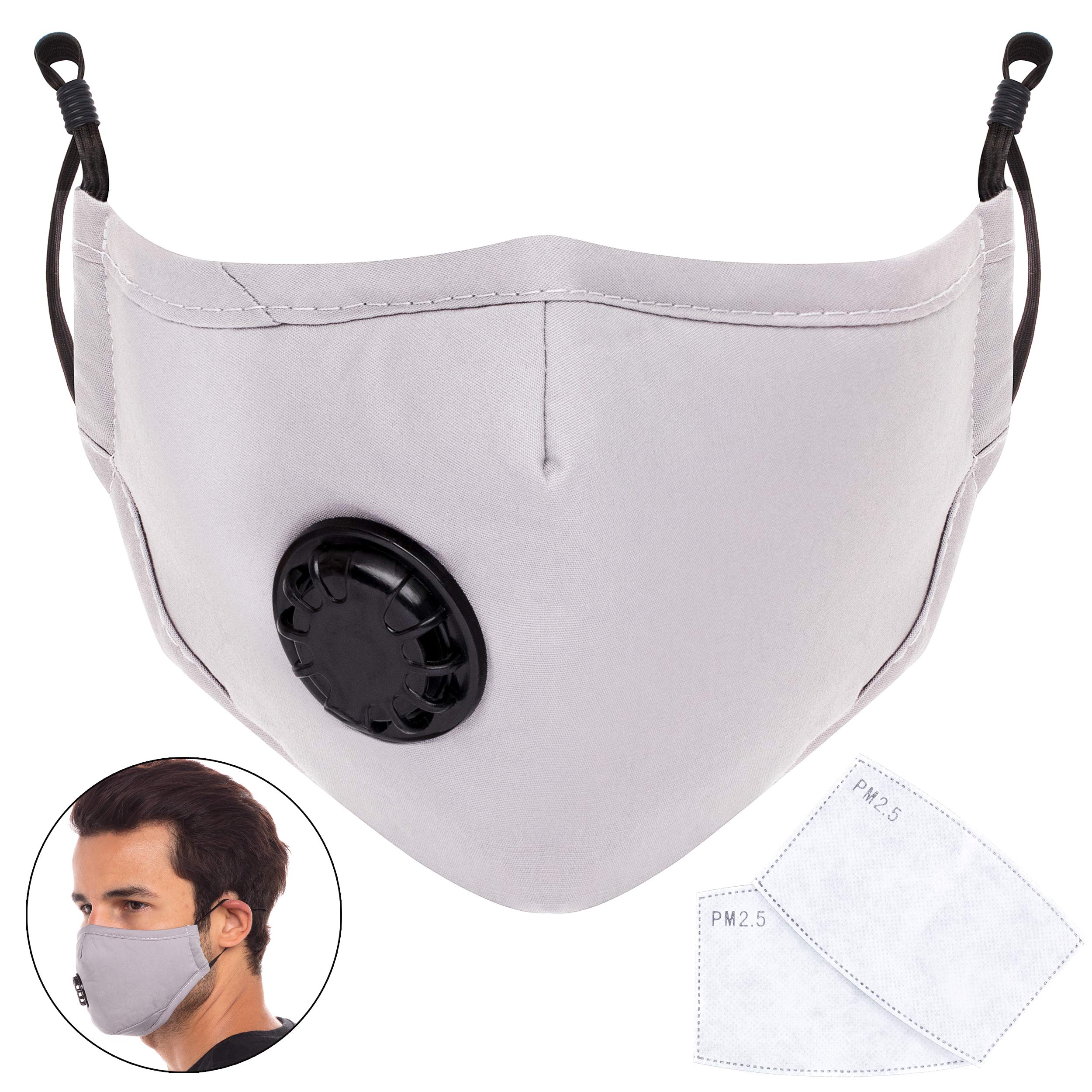 Cloth Mask Grey - with PM 2.5 Reusable, Washable Cotton Face Mask - 3 Pieces with 2 Filters - Adjustable Ear Bands & Nose Bridge - Removable Air Valve Protects Against Pollutants & Particles