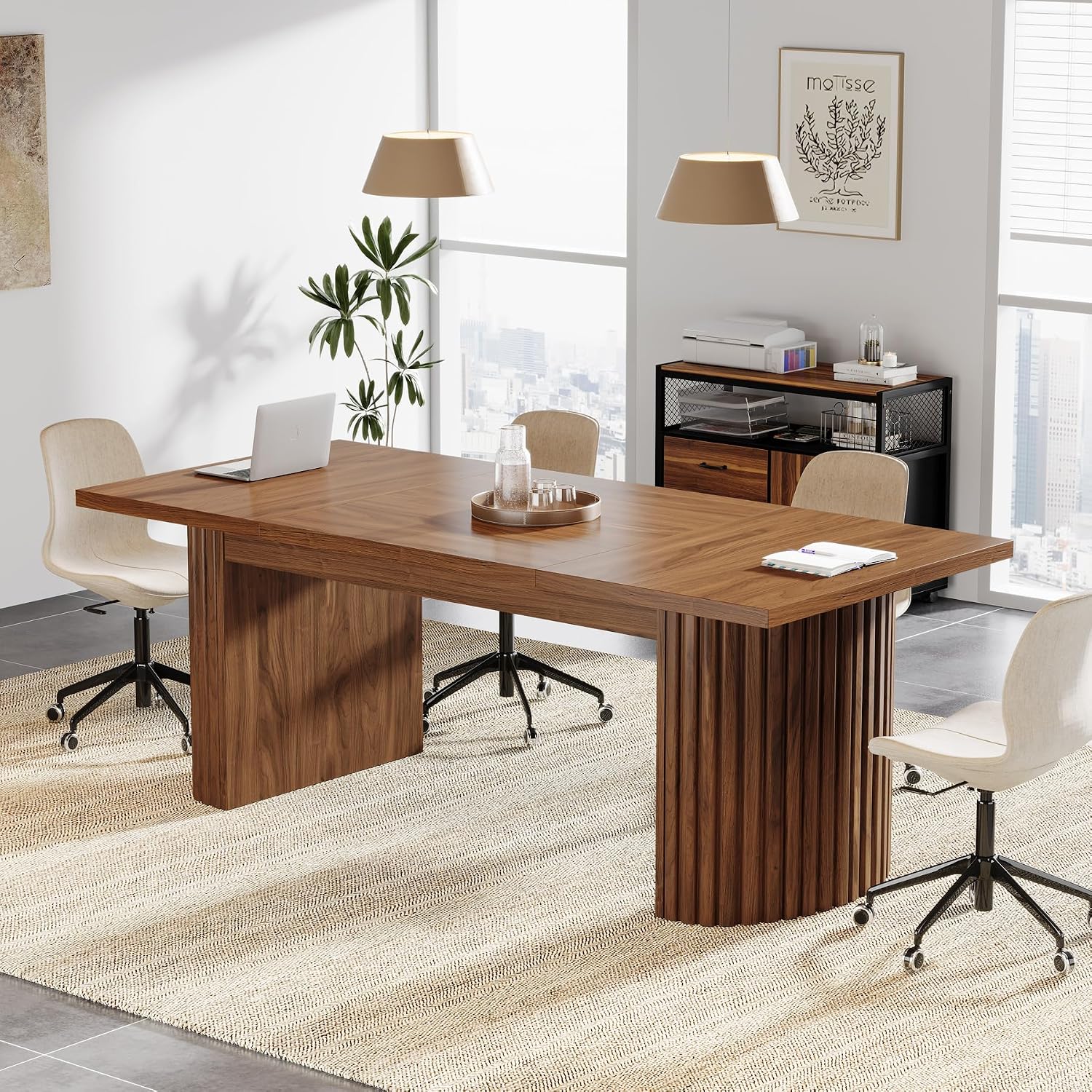 Tribesigns 78.7" Conference Table for 6-8 People, 6.56 ft Large Rectangle Meeting Table with Double Pedestal, Farmhouse Seminar Table Boardroom Desk for Office Meeting Conference Room, Walnut