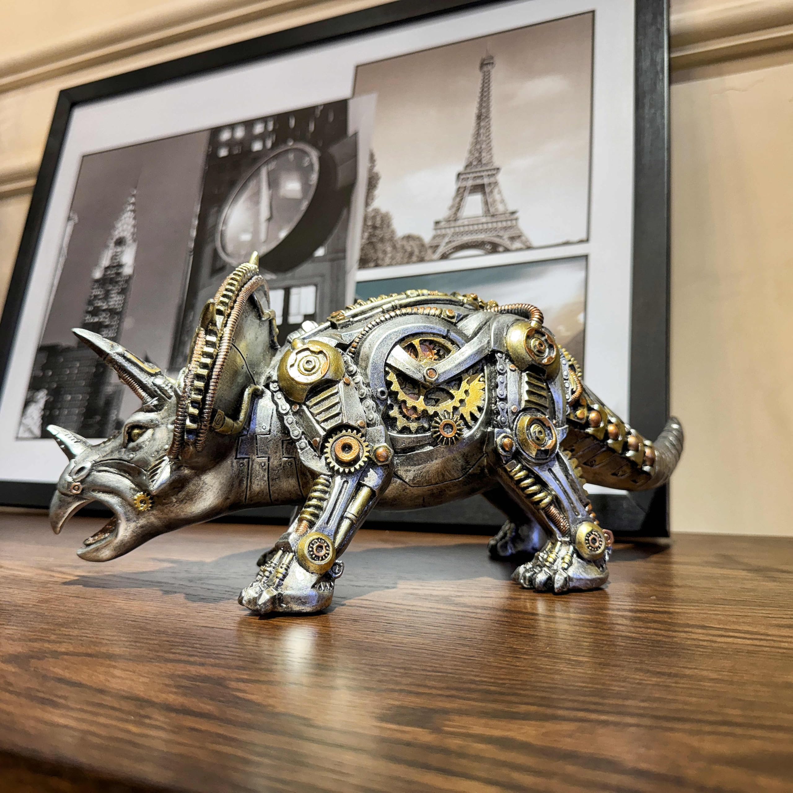 OUTOUR Steampunk Triceratops statuetka dinozaura, 38 cm, długa figurka z żywicy, dekoracja biurka, rzeźba, zwierzę, kolekcja, prezent dla mężczyzn, mężczyzn, dekoracja jaskini