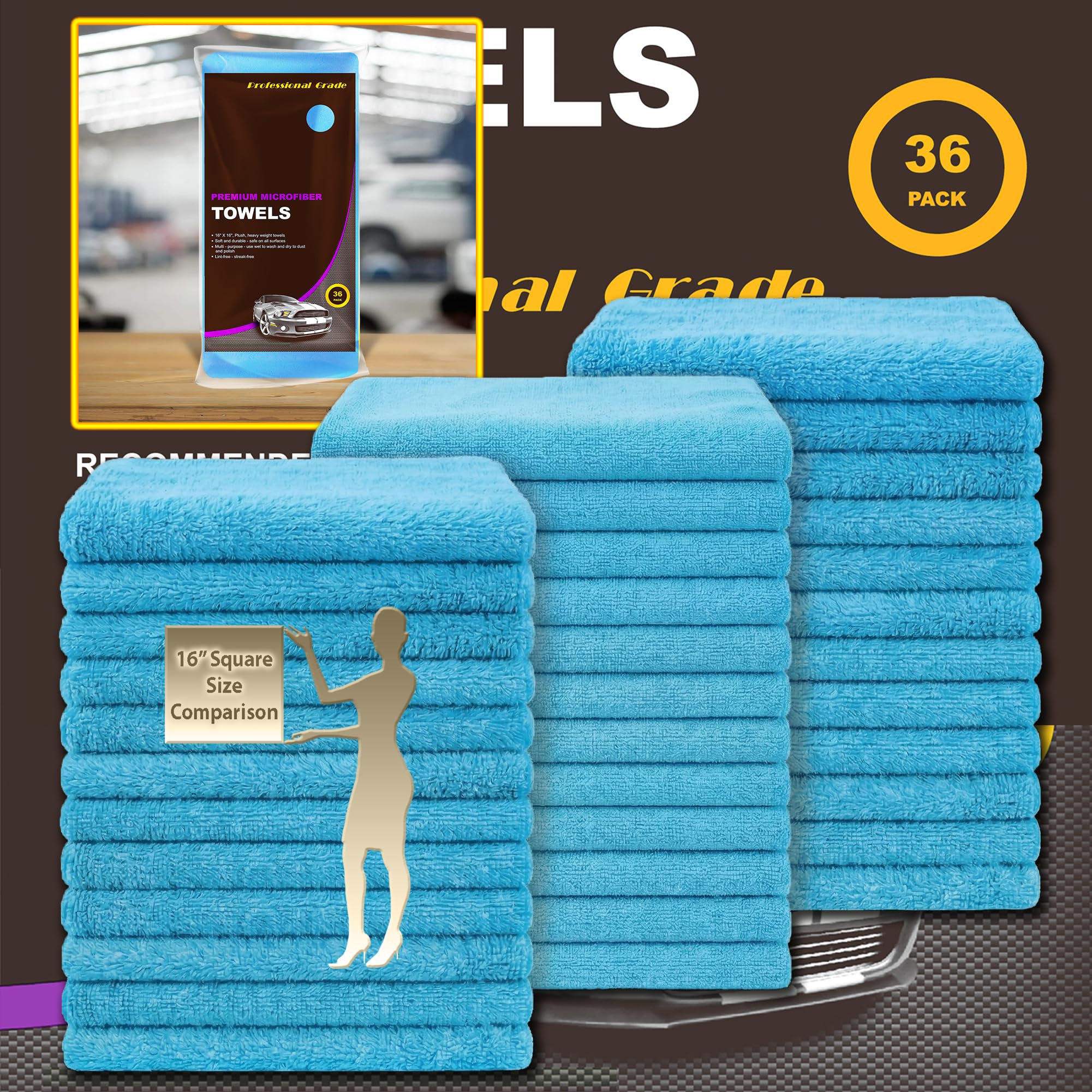 Toallas de limpieza grandes de microfibra, paquete de 36, trapo de felpa ultra suave, paños de limpieza de detalles de calidad profesional para coche, hogar y comercial (azul cielo, 16 x 16 pulgadas)