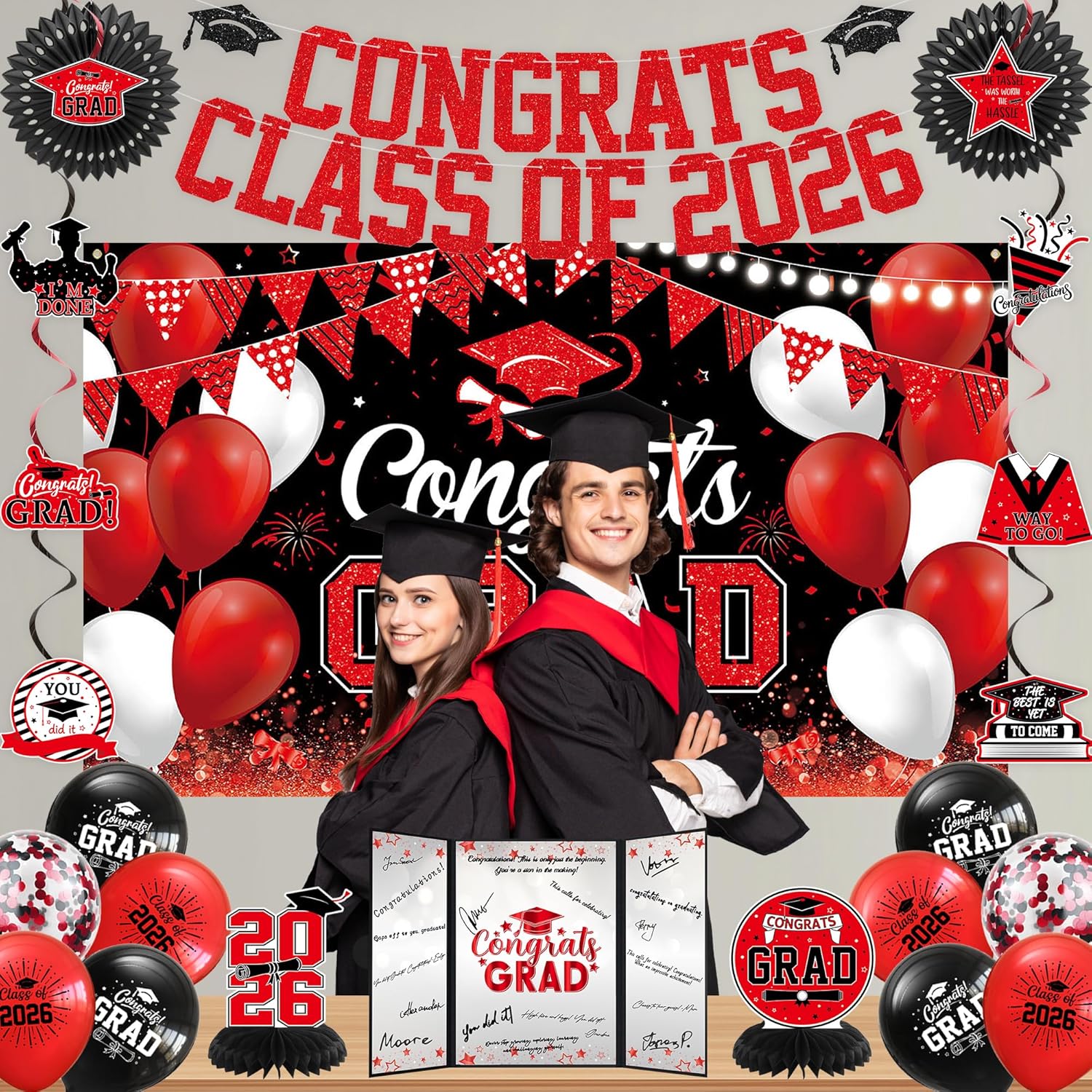 Trgowaul 2026 Graduation Party Decorations, Black Red Class of 2026 Guest Book Alternative, Grad Banner Backdrop, Congrats Grad Signature Certificate Board, Paper Fan, Graduation Party Supplies Favors