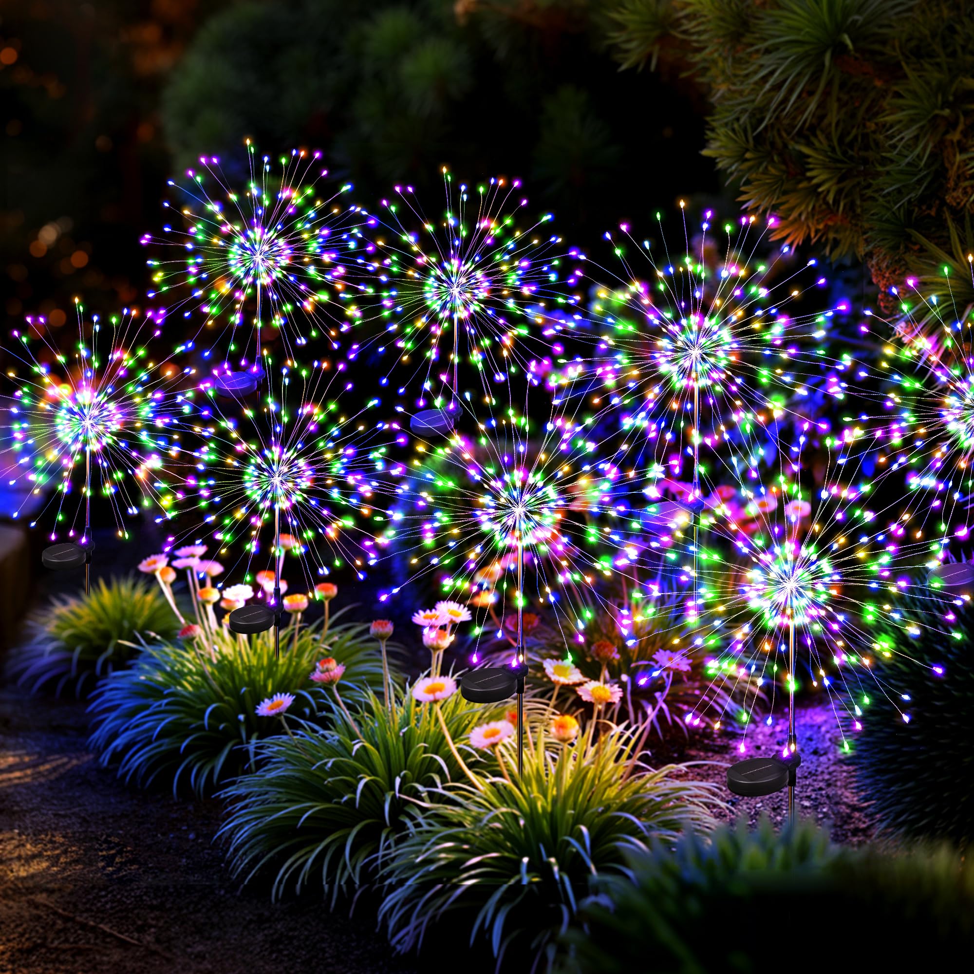 Luci solari per esterni, 120 LED, confezione da 8, luci decorative per esterni fuochi d'artificio, ad energia solare, per cortile, patio, sentiero, passerella, balcone, multicolore