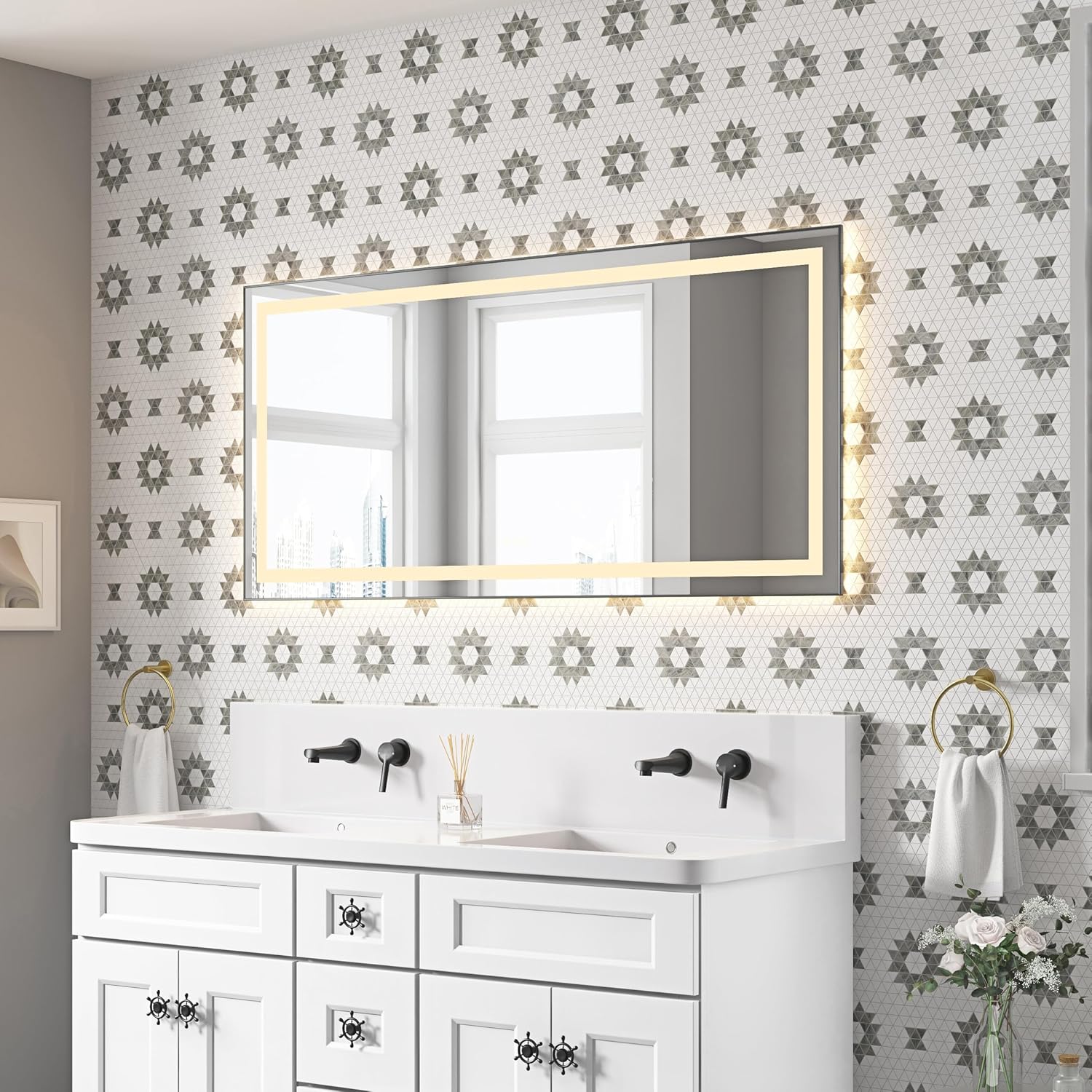 60 x 28 Inch LED Bathroom Mirror: Modern Aluminum Frame Vanity Mirror with Anti-Fog & Stepless Dimming - 3 Color Temperatures (Warm/Natural/White Light) for Home & Hotel Bathroom Decor