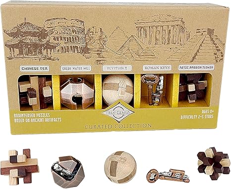 Project Genius Curated Collection Gift Set, 5 Premium Wood & Metal Puzzles, 3D Brainteaser Gift for Kids 8+, Teens, and Adults - True Genius Disassembly and Disentanglement Variety Pack