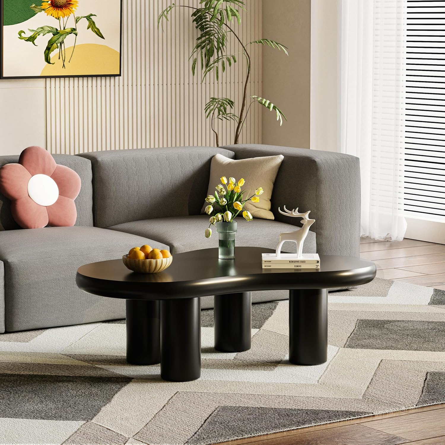 Cloud Coffee Table for Living Room, Modern Irregular Coffee Table with 4 Solid Legs, Cute Cloud Center Table Accent Cocktail Tea Table for Home Office Apartment (Black-39.3in)