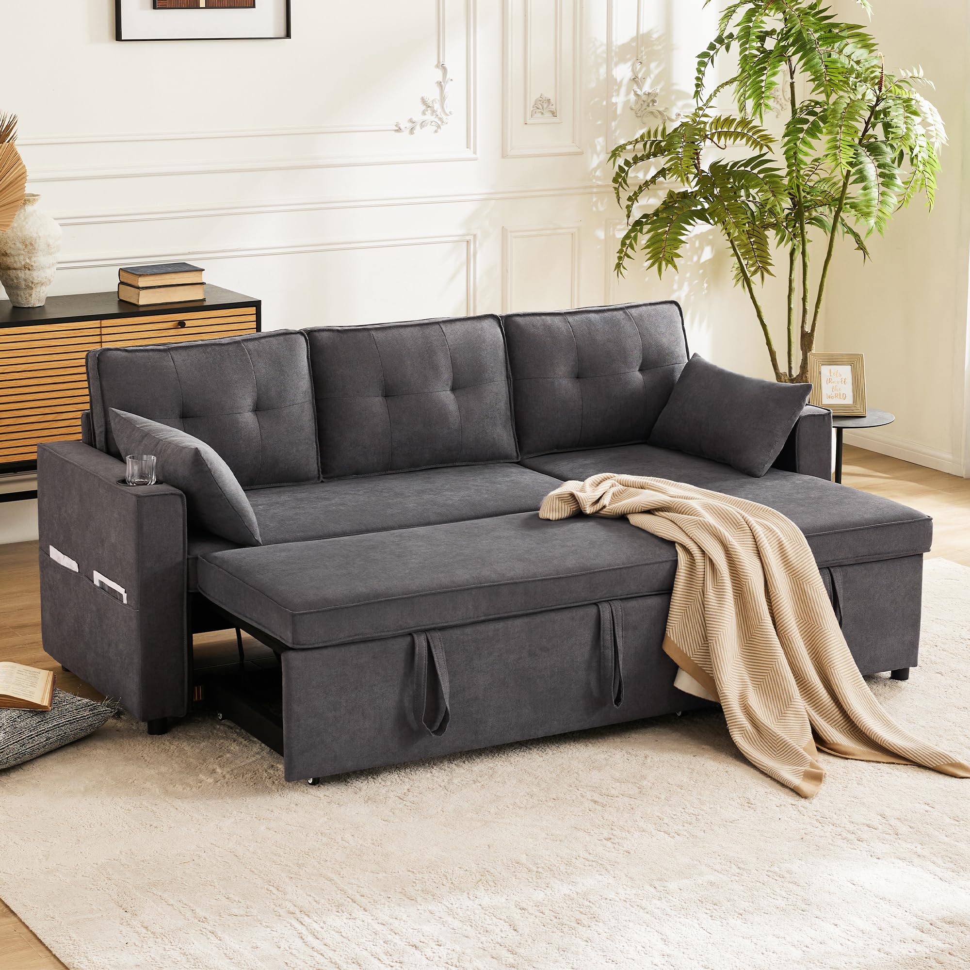 Divano letto con funzione letto, divano a L, design moderno, mobili imbottiti, divano, poltrona lounge con spazio di archiviazione, con portabicchieri, divano letto per soggiorno, intercambiabile a
