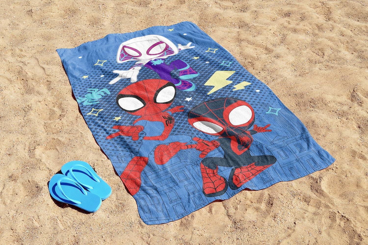Jay Franco Children Beach Towel - 100% Cotton Super Soft Absorbent Bath Towel, 28" x 58" Inch Lightweight for Travel, Official Licensed Product, Blue - Spidey & His Amazing Friends